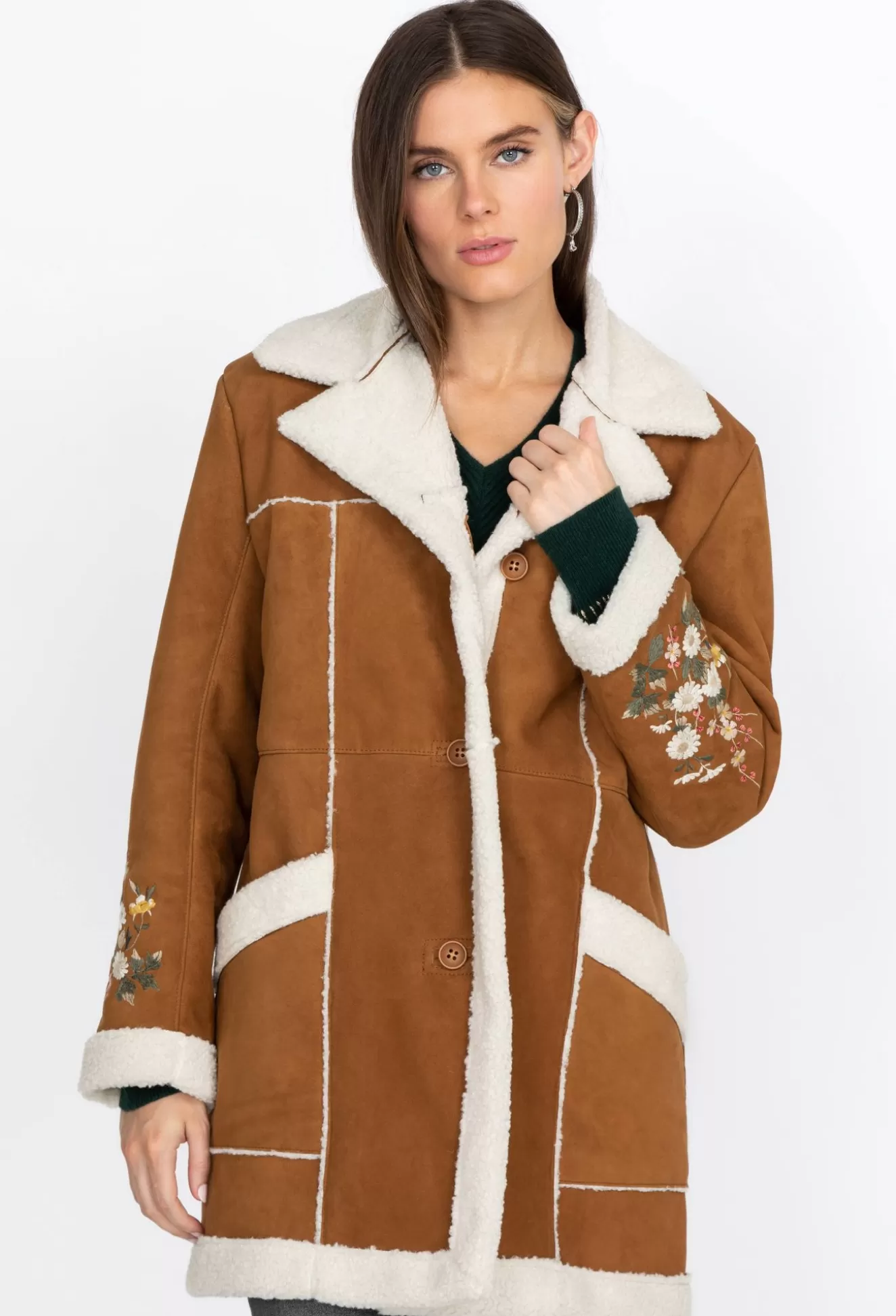 Outerwear>Johnny Was Acacia Suede Sherpa Coat Kamut
