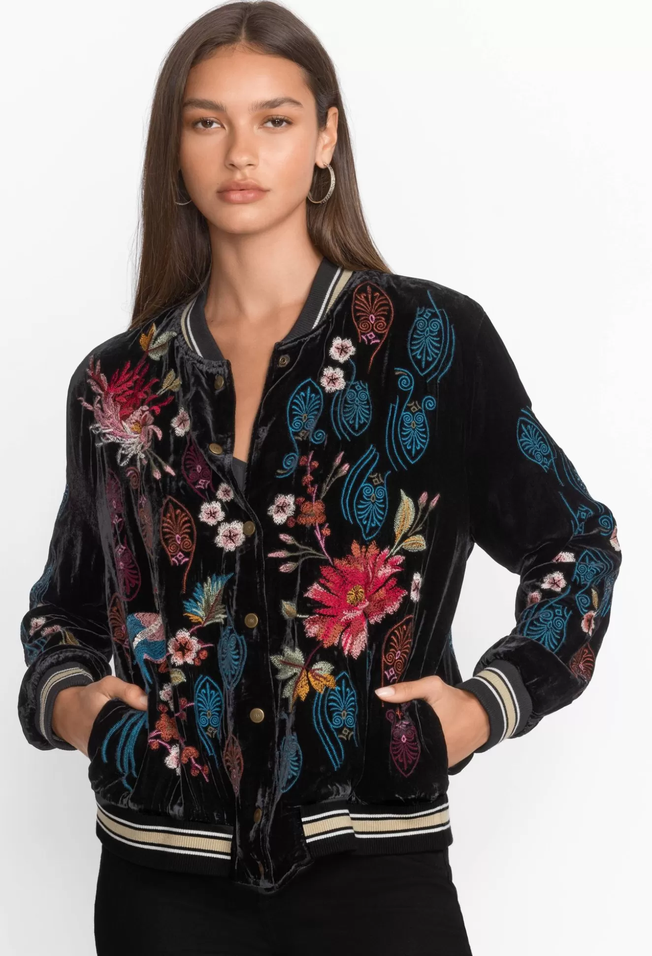 Outerwear>Johnny Was Ashira Velvet Snap Front Bomber Jacket Black
