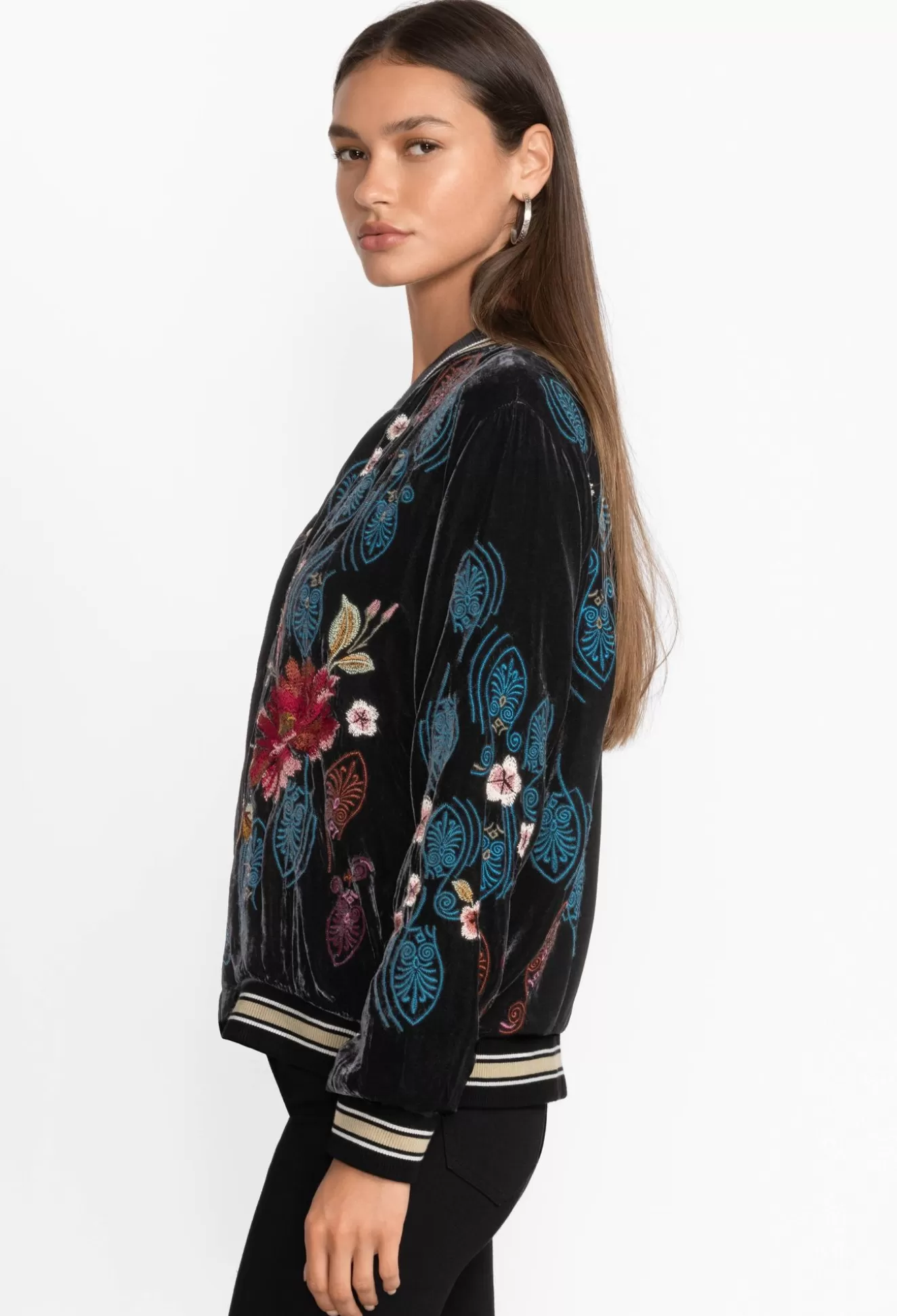 Outerwear>Johnny Was Ashira Velvet Snap Front Bomber Jacket Black