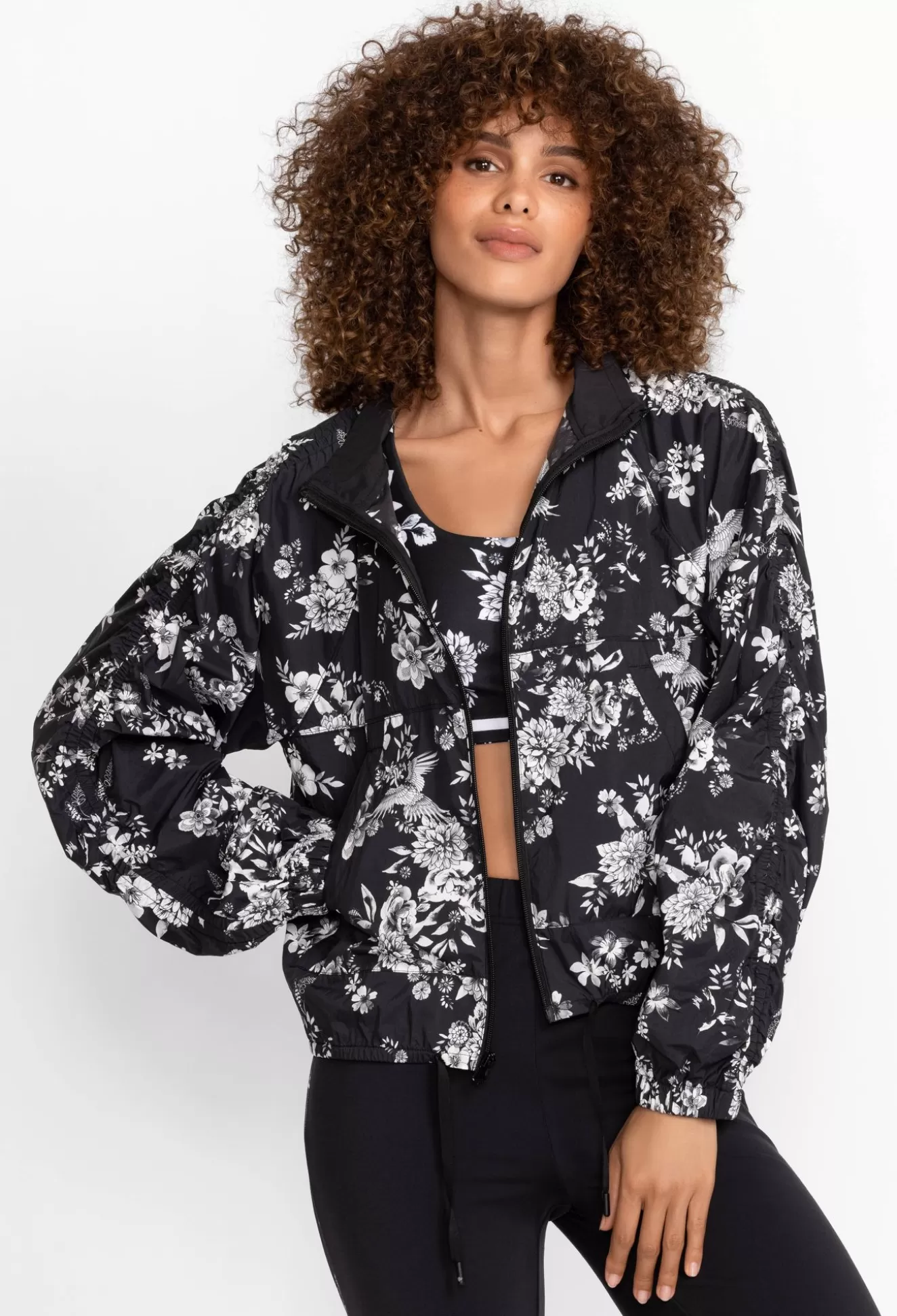 Active>Johnny Was Bee Active Ruched Sleeve Parachute Jacket Charcoal Dreamer