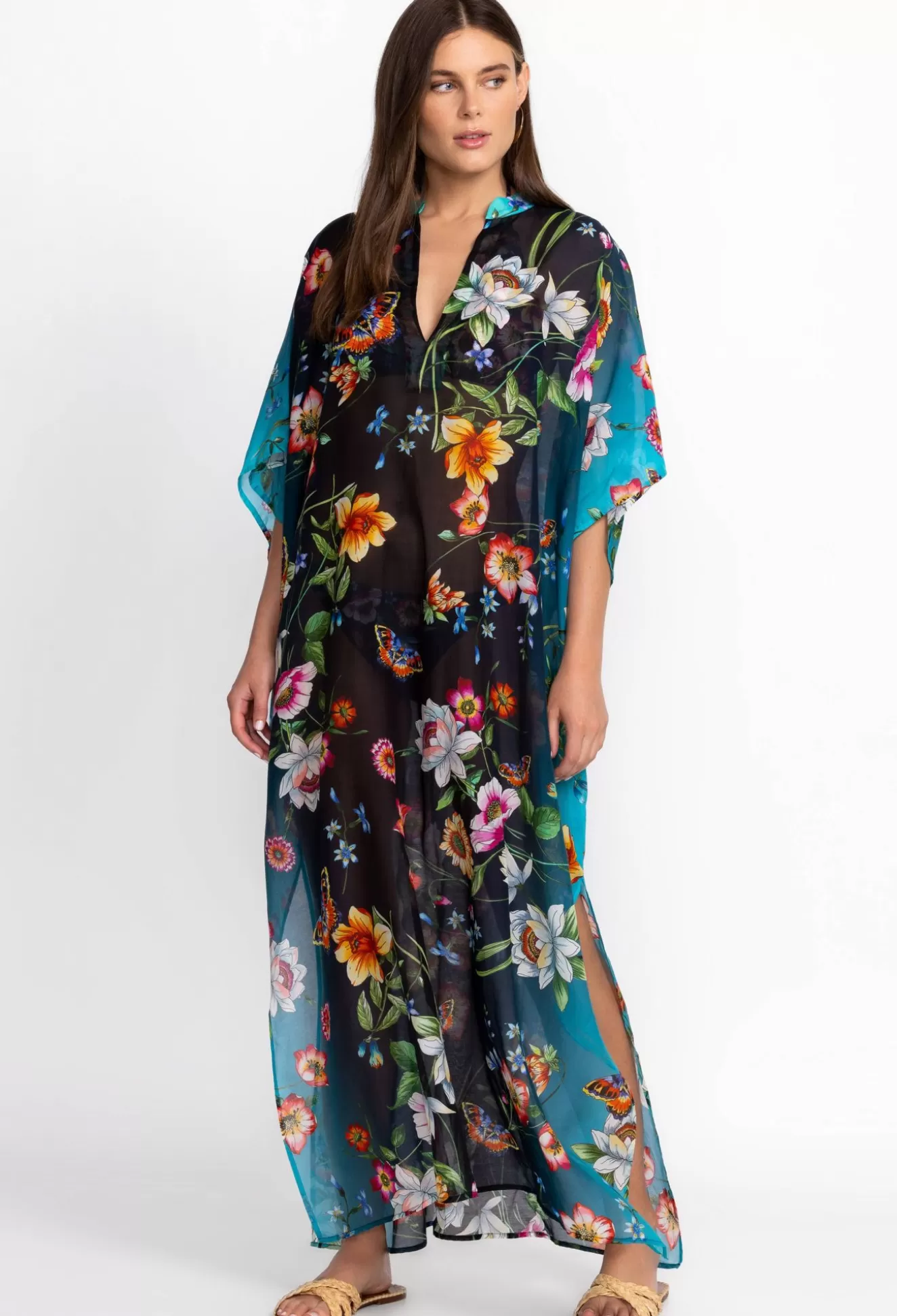 Swim & Resort>Johnny Was Black Kaftan Ombre Garden
