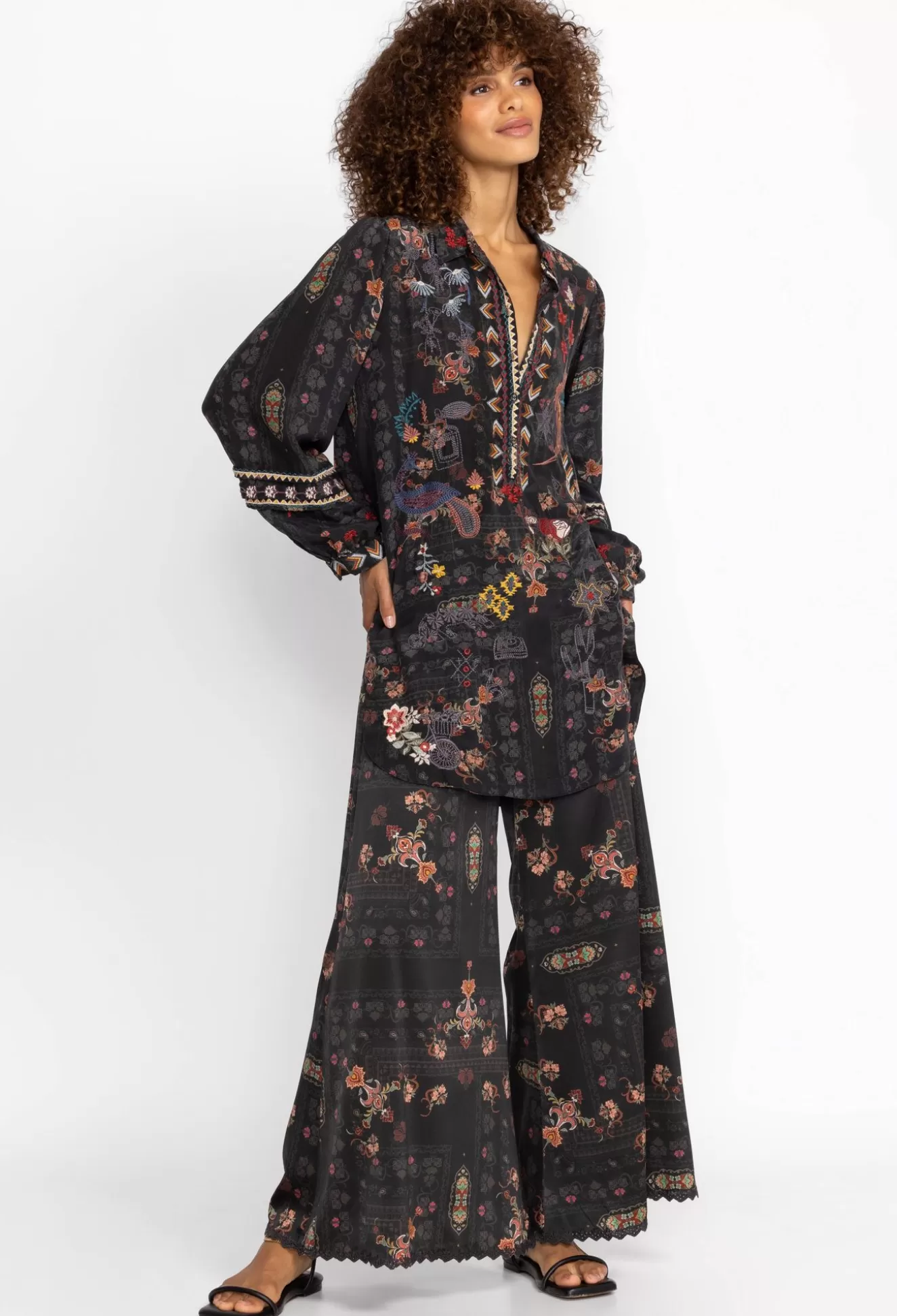 Bottoms>Johnny Was Black Velvet Tiered Wide Leg Pant Dark Spice