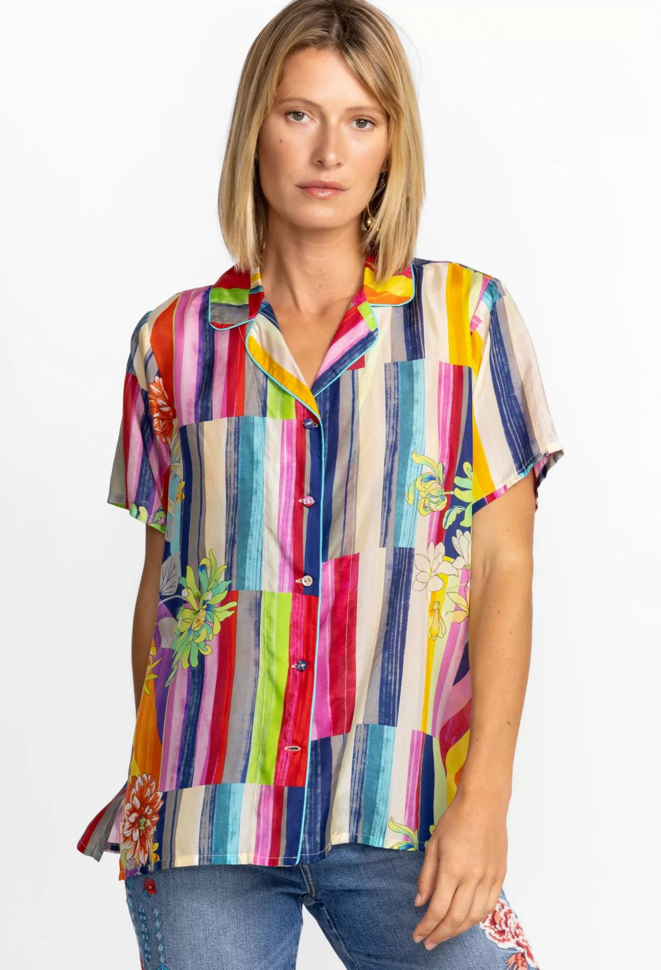 Tops>Johnny Was Button Up Summer Stripe