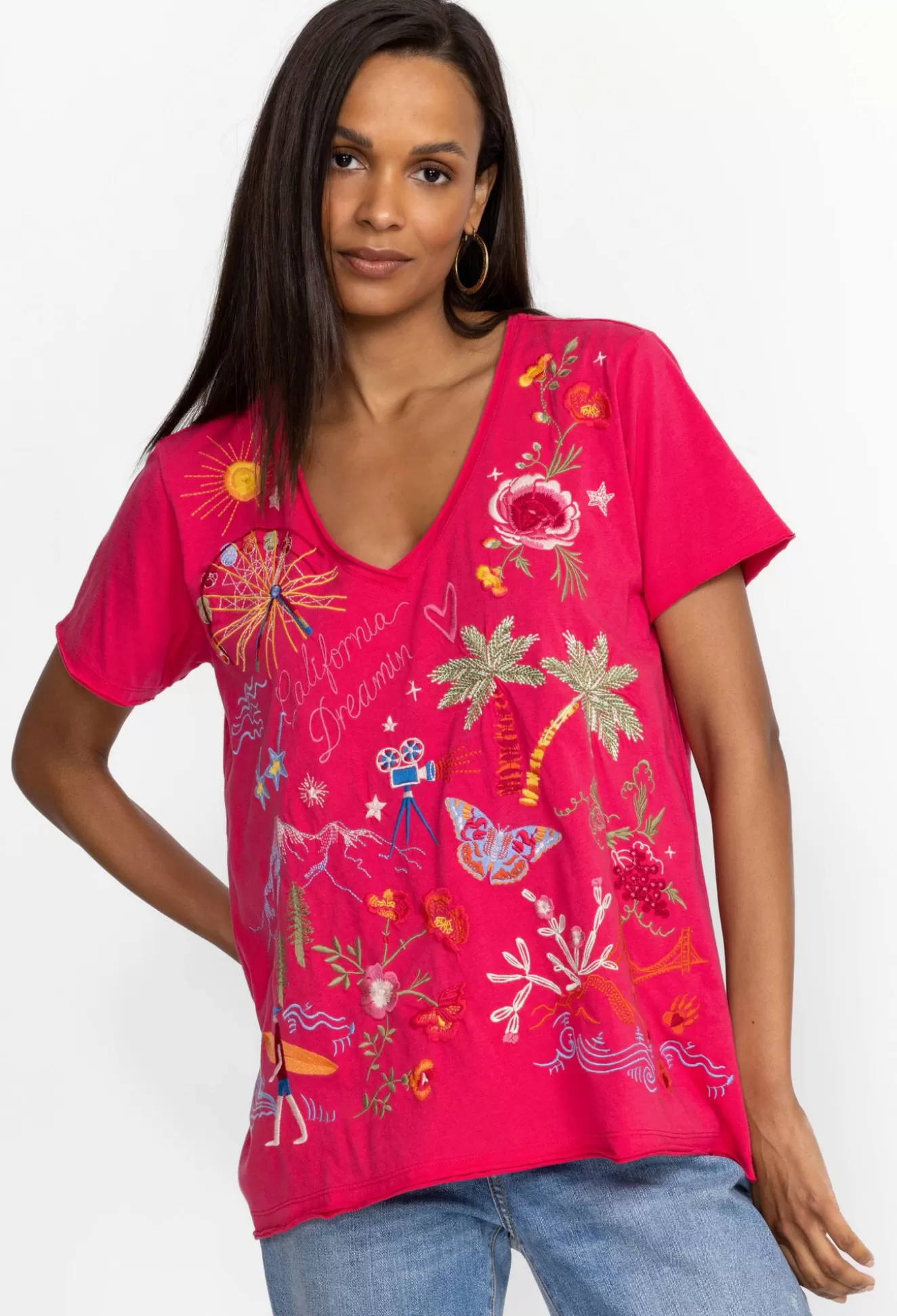 Tops>Johnny Was California Everyday Tee Raspberry