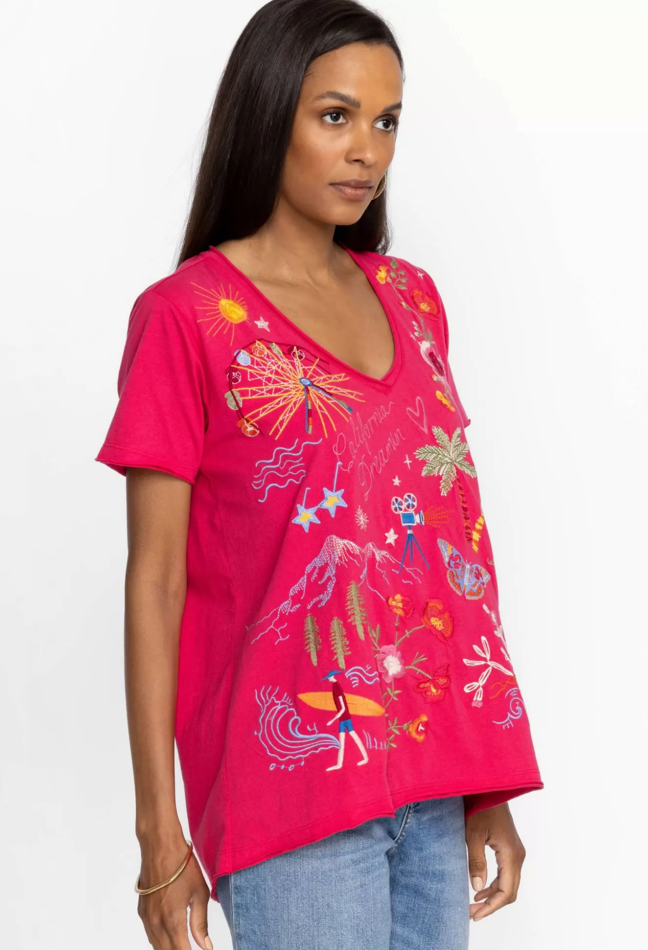 Tops>Johnny Was California Everyday Tee Raspberry