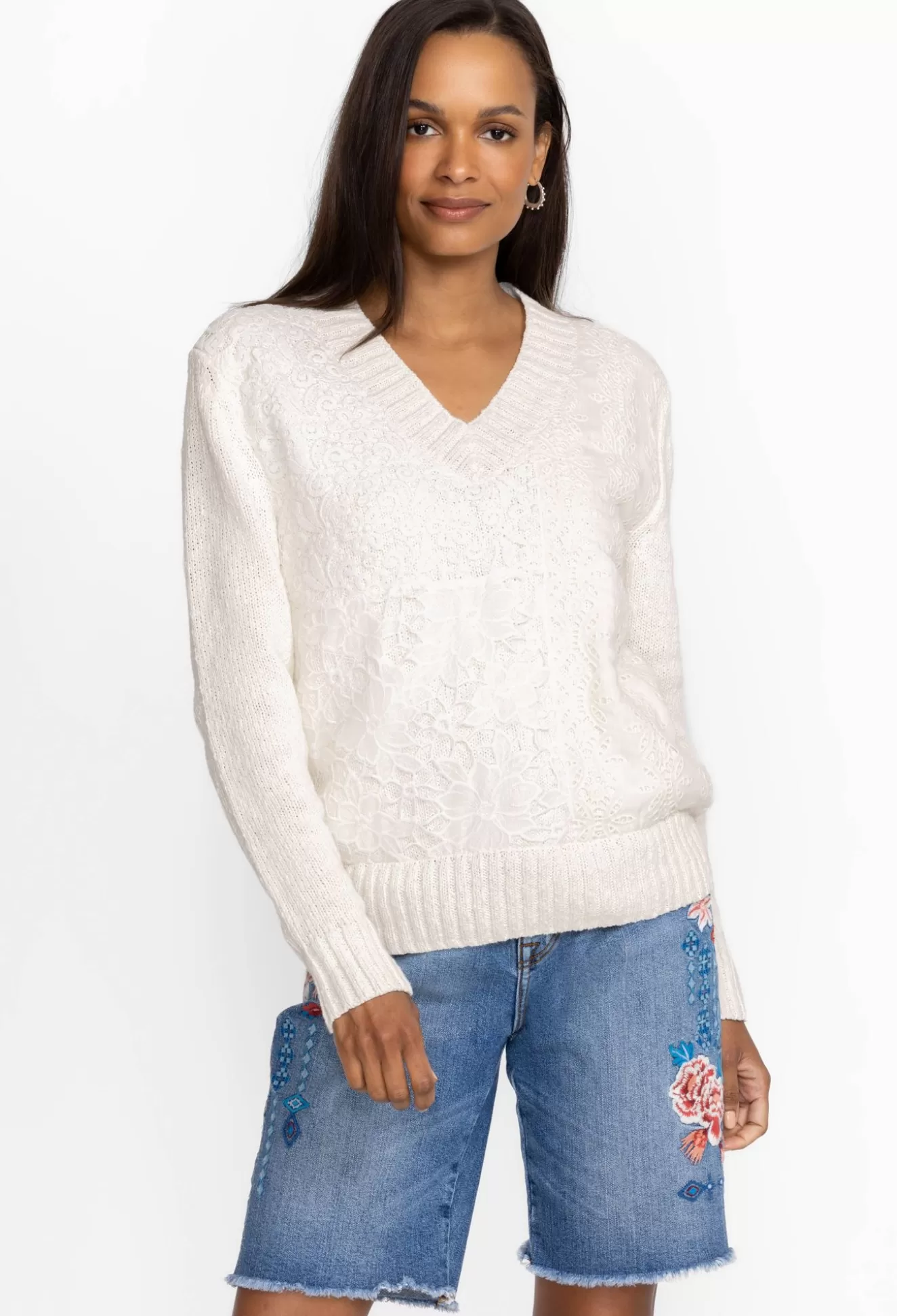 Tops>Johnny Was Crochet Patched Sweater White
