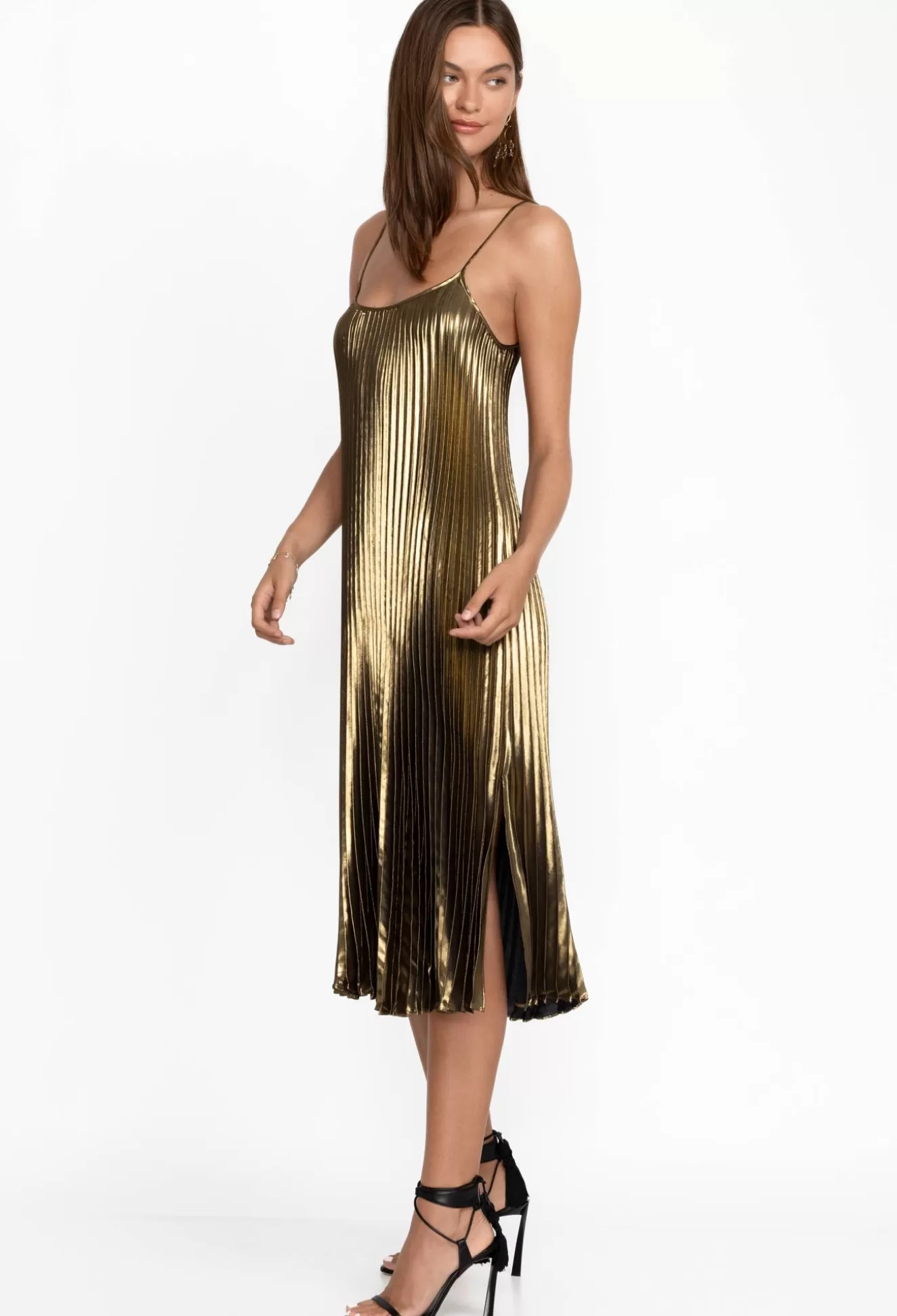 Dresses>Johnny Was En Gem Pleated Midi Dress Gold