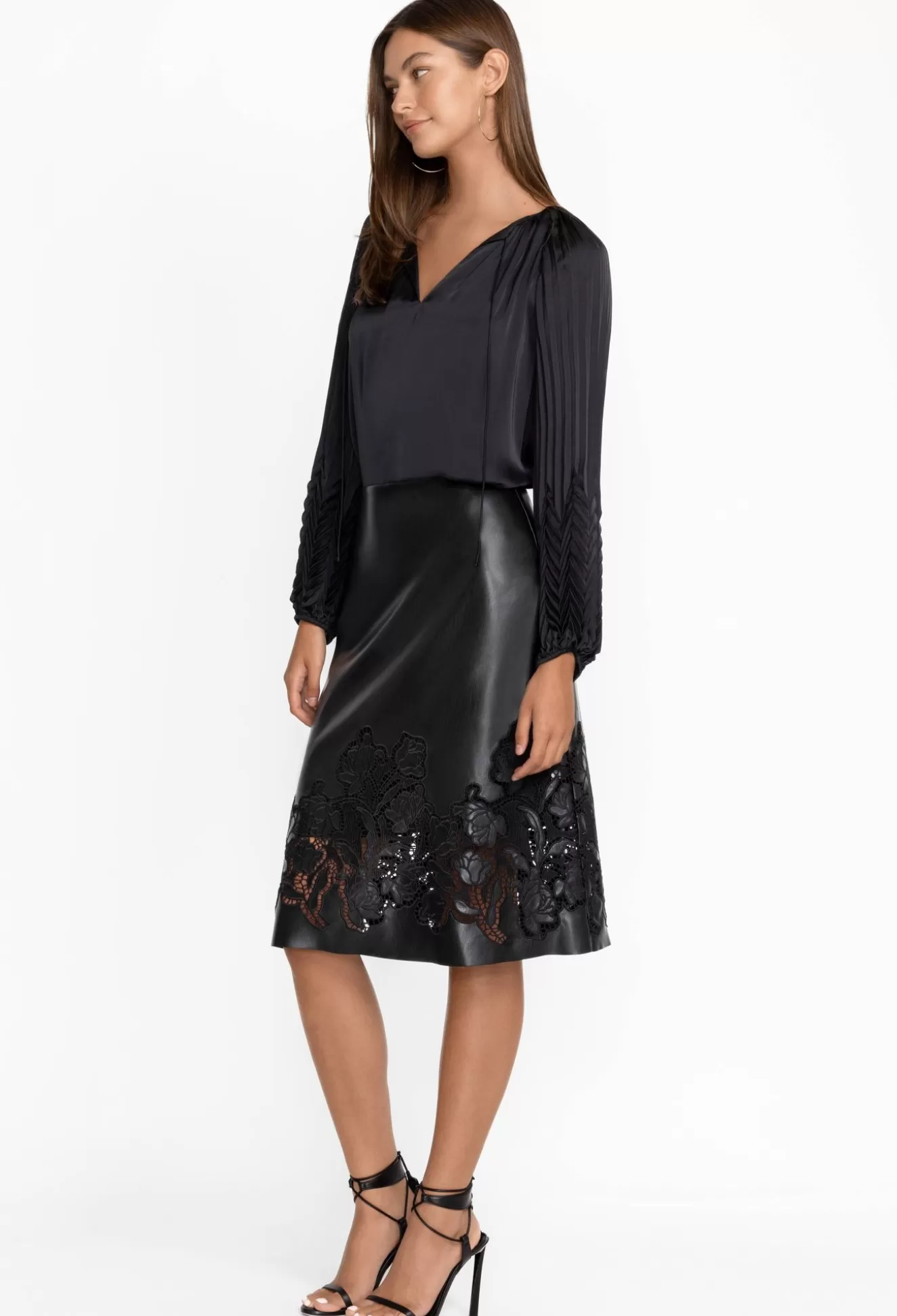 Bottoms>Johnny Was Enid Vegan Leather Midi Skirt Black
