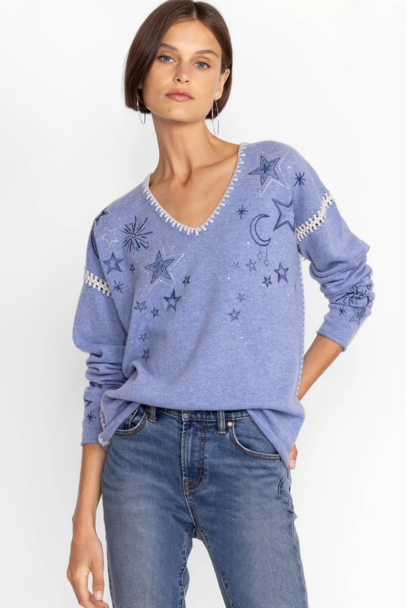 Outerwear>Johnny Was Estrella Cashmere Whipstitch Pullover Blue