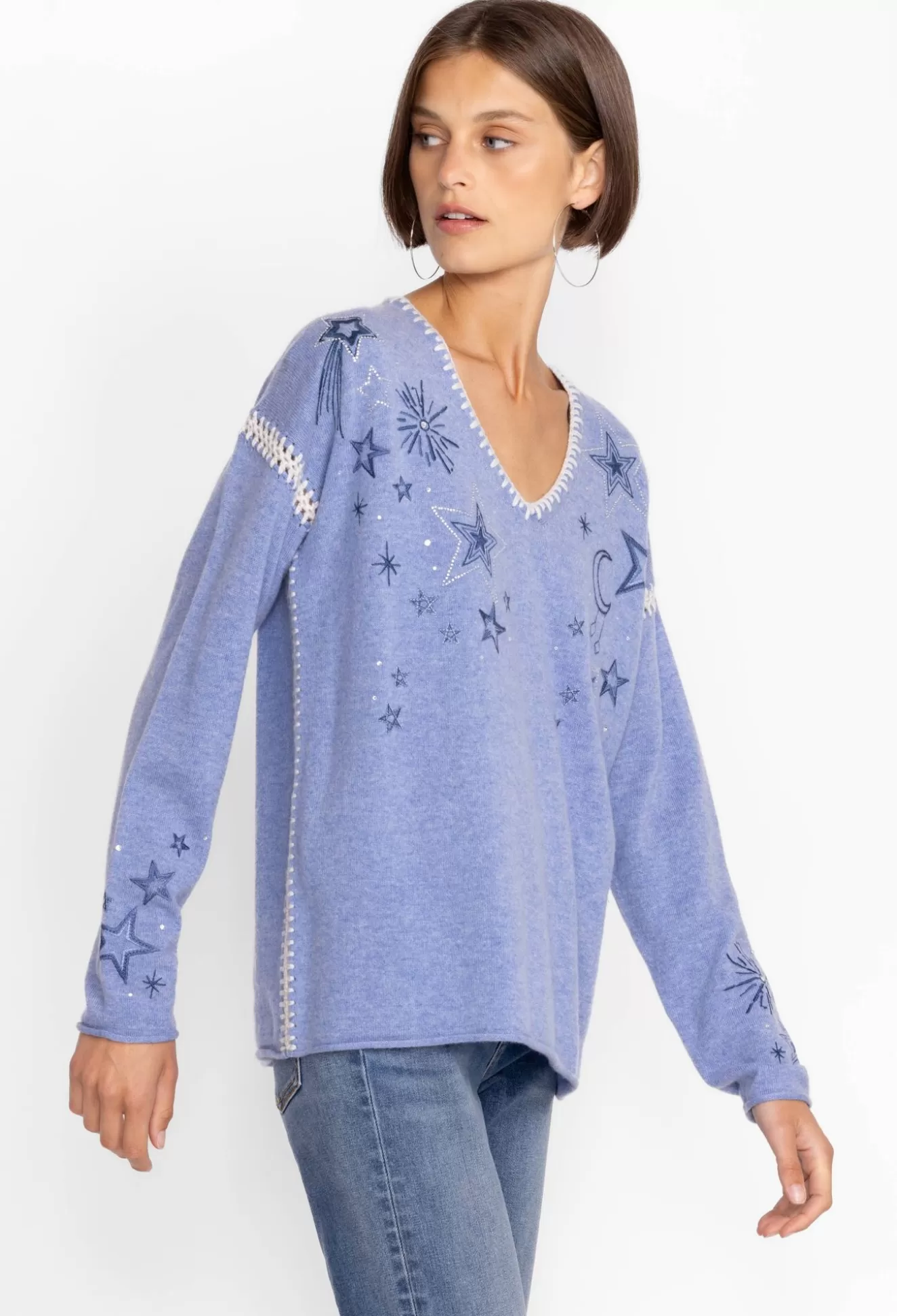 Outerwear>Johnny Was Estrella Cashmere Whipstitch Pullover Blue
