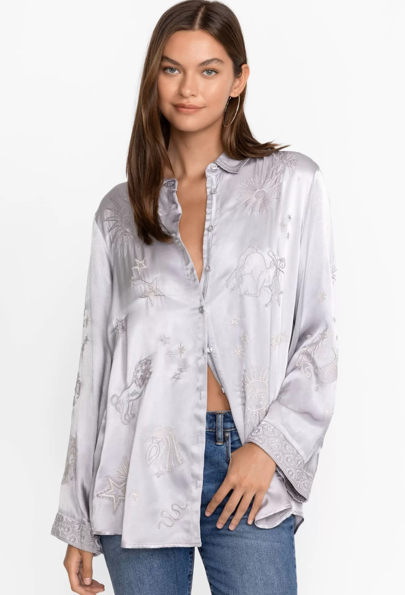 Tops>Johnny Was Estrella Kimono Sleeve Oversized Shirt Silver