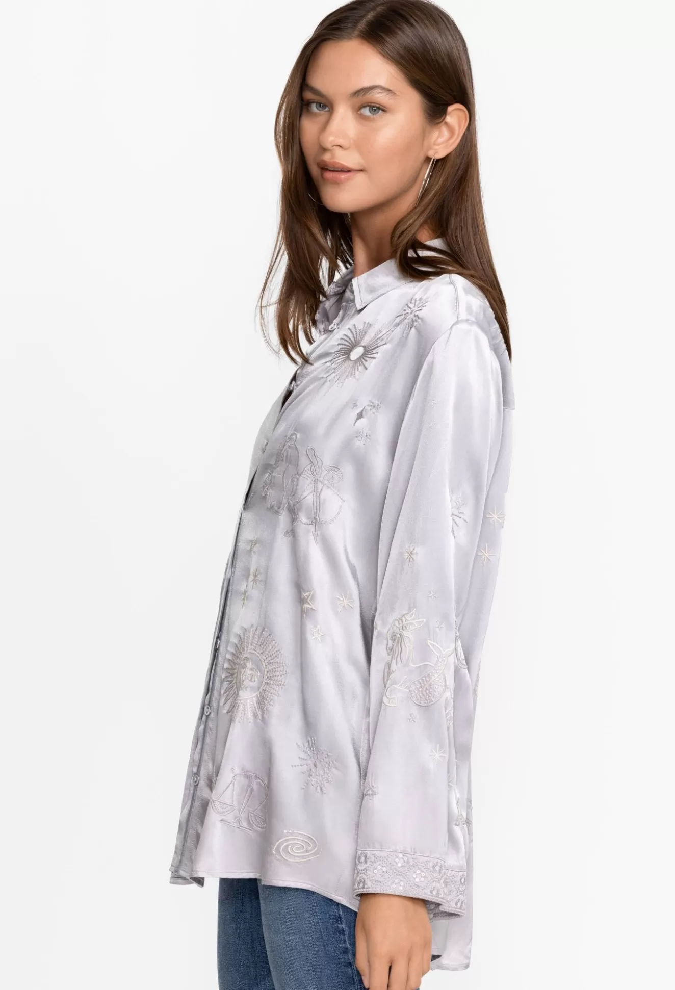 Tops>Johnny Was Estrella Kimono Sleeve Oversized Shirt Silver