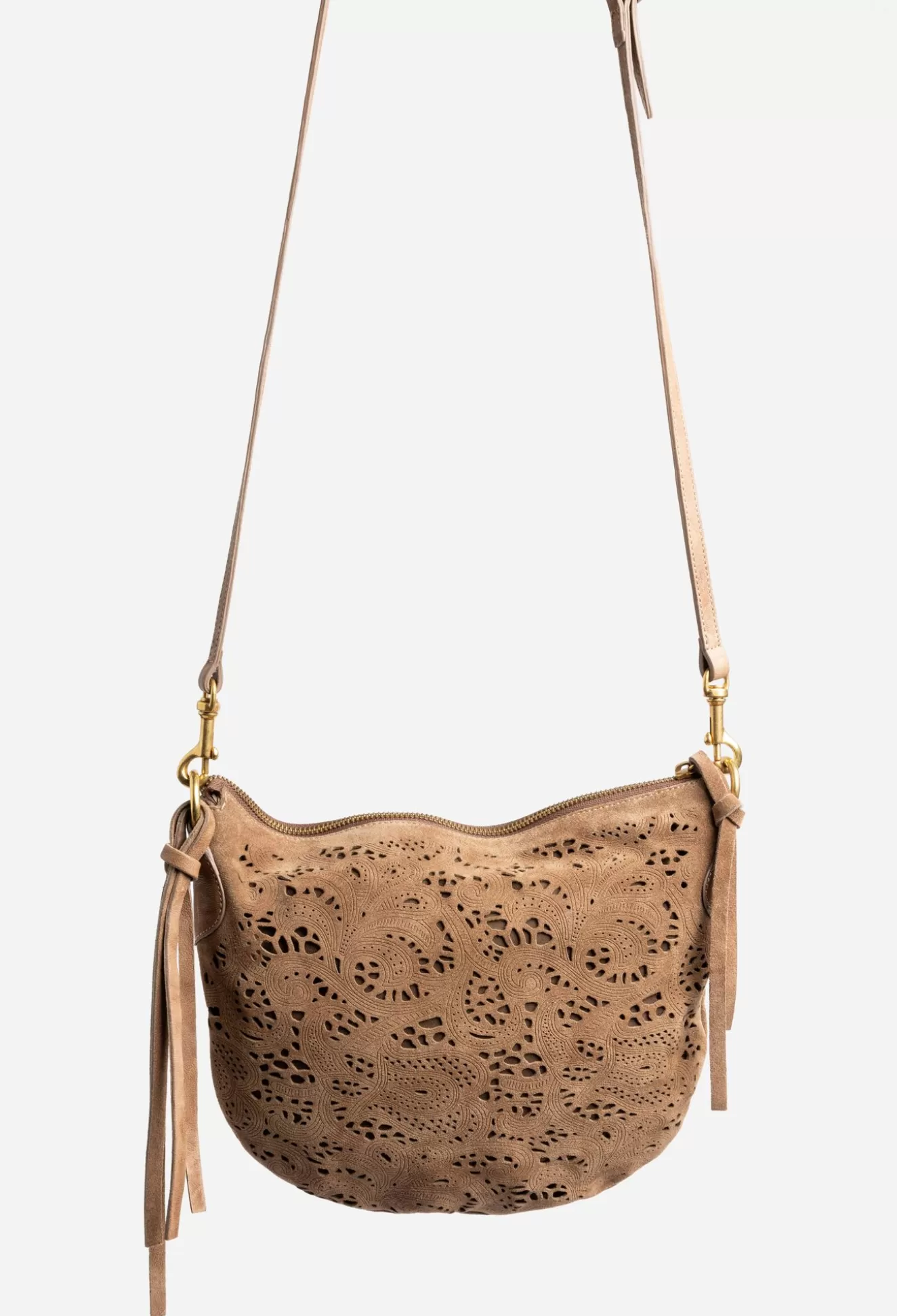 Handbags>Johnny Was Fiore Italian Suede Saddle Bag Walnut