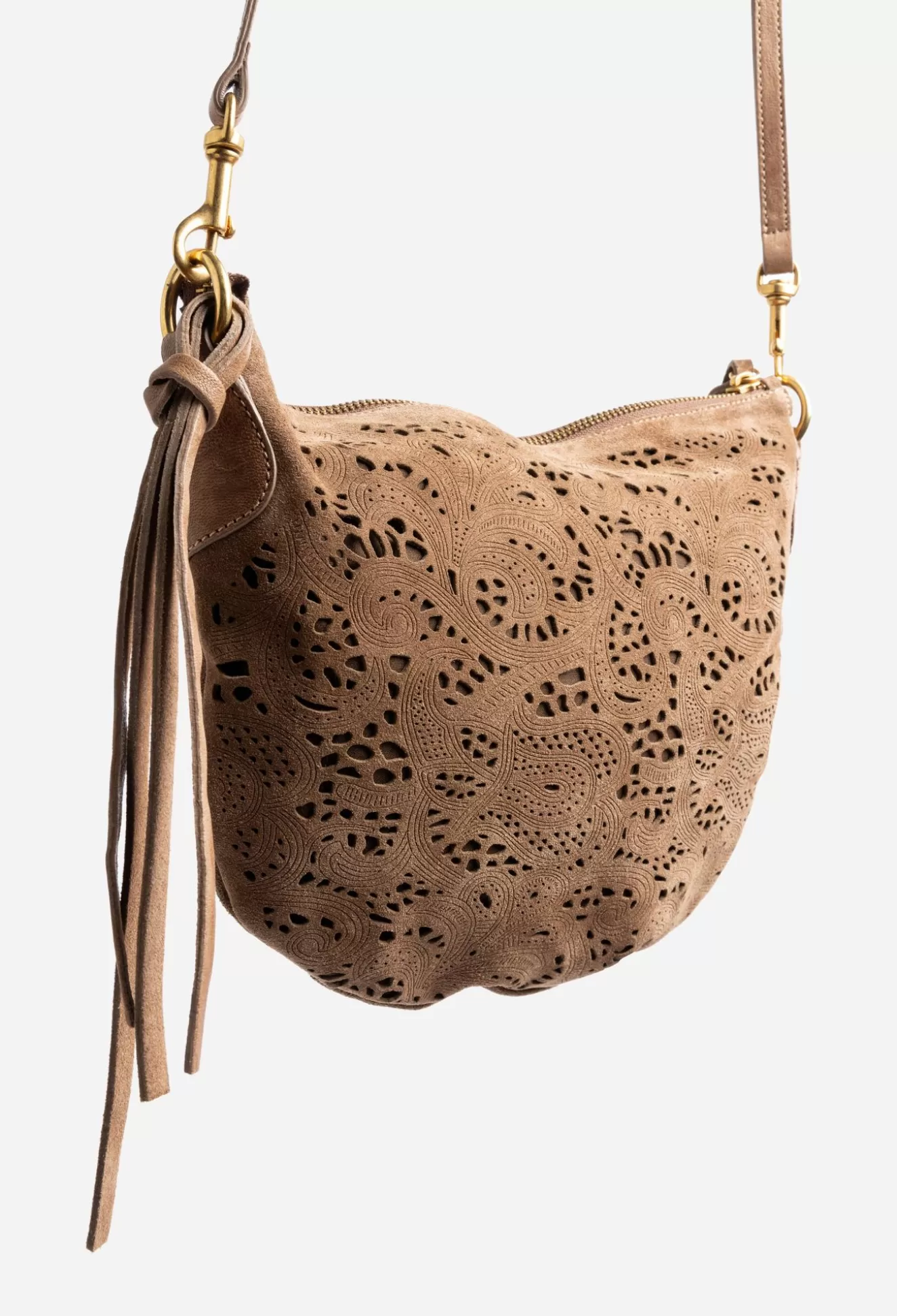 Handbags>Johnny Was Fiore Italian Suede Saddle Bag Walnut