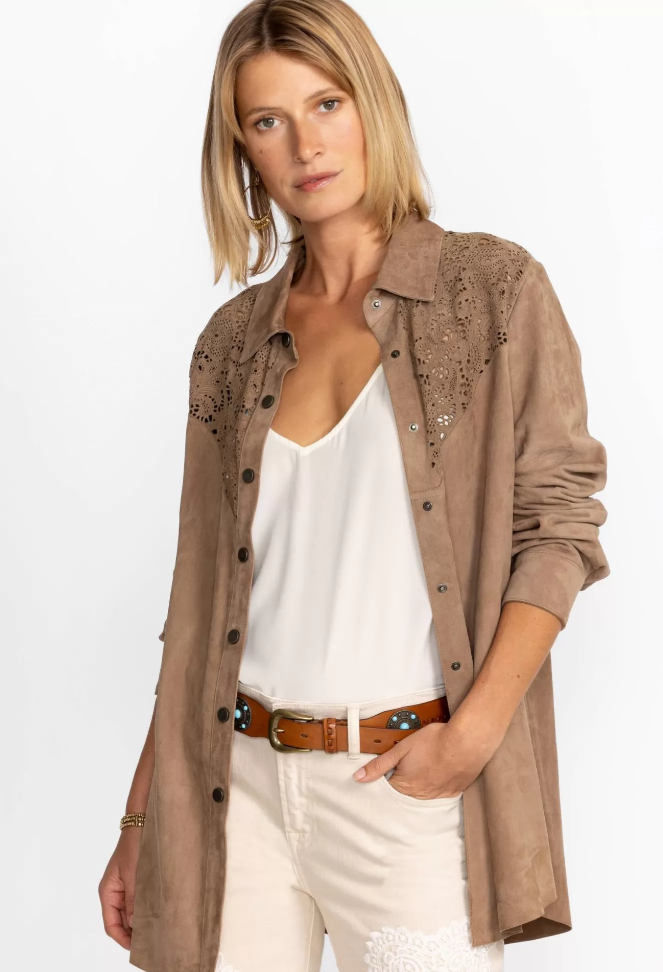 Outerwear>Johnny Was Fiore Suede Western Shacket Tortora