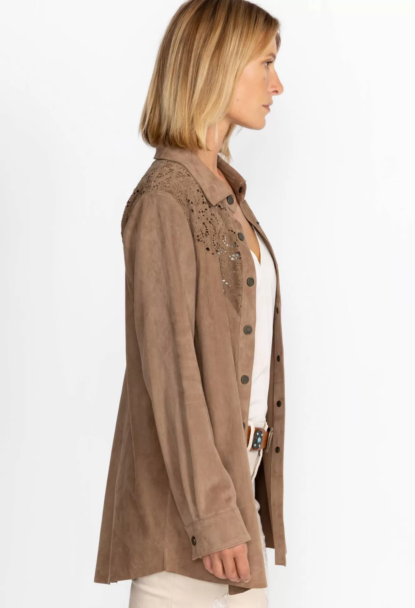 Outerwear>Johnny Was Fiore Suede Western Shacket Tortora