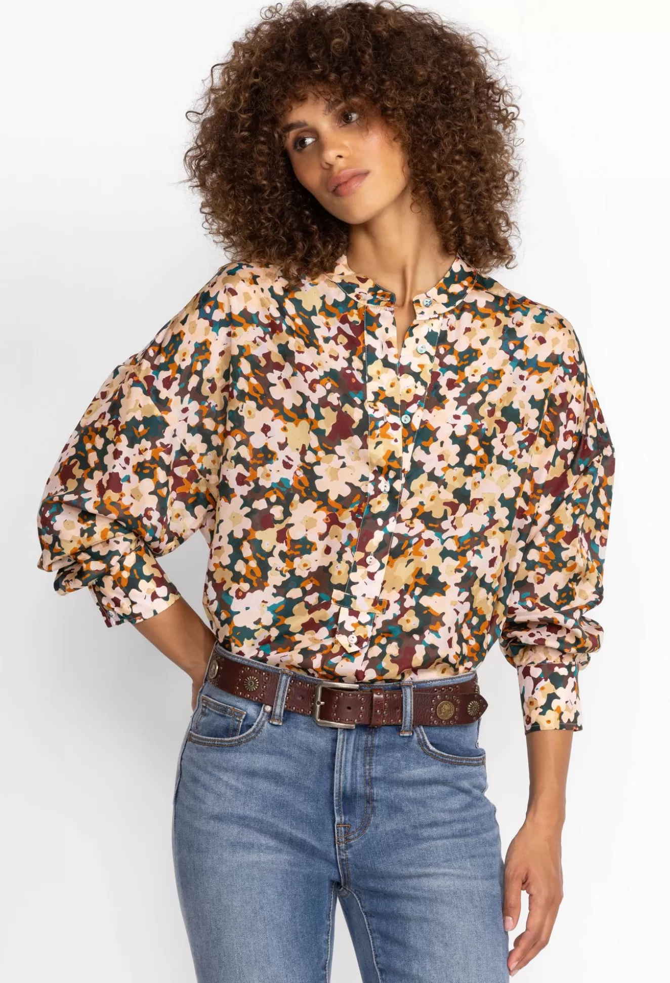 Tops>Johnny Was Floral Half Placket Button Top Multi
