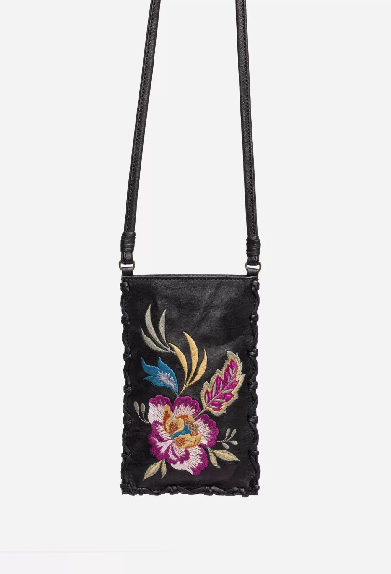 Handbags>Johnny Was Floreale Whipstitch Italian Leather Cell Phone Crossbody Black