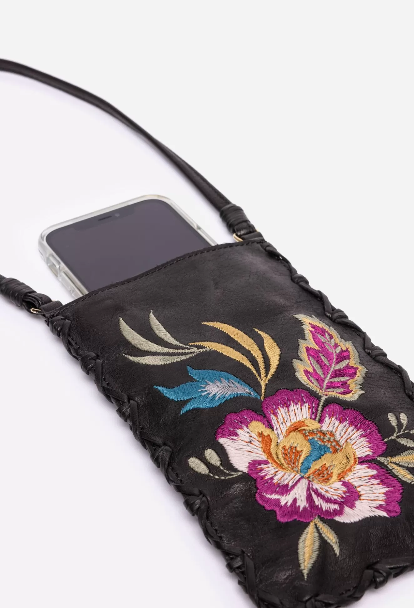 Handbags>Johnny Was Floreale Whipstitch Italian Leather Cell Phone Crossbody Black