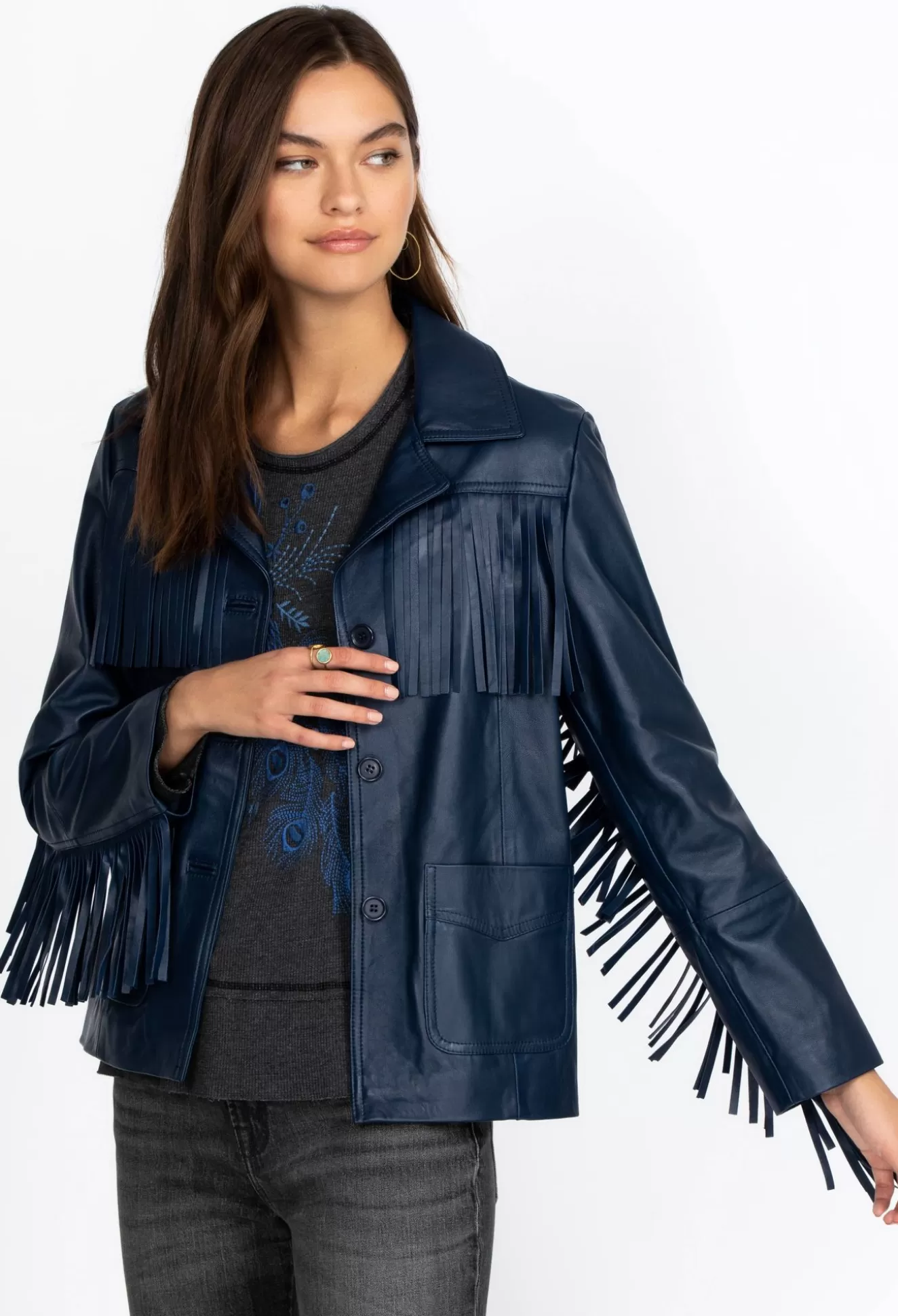 Outerwear>Johnny Was Frangia Leather Jacket Navy