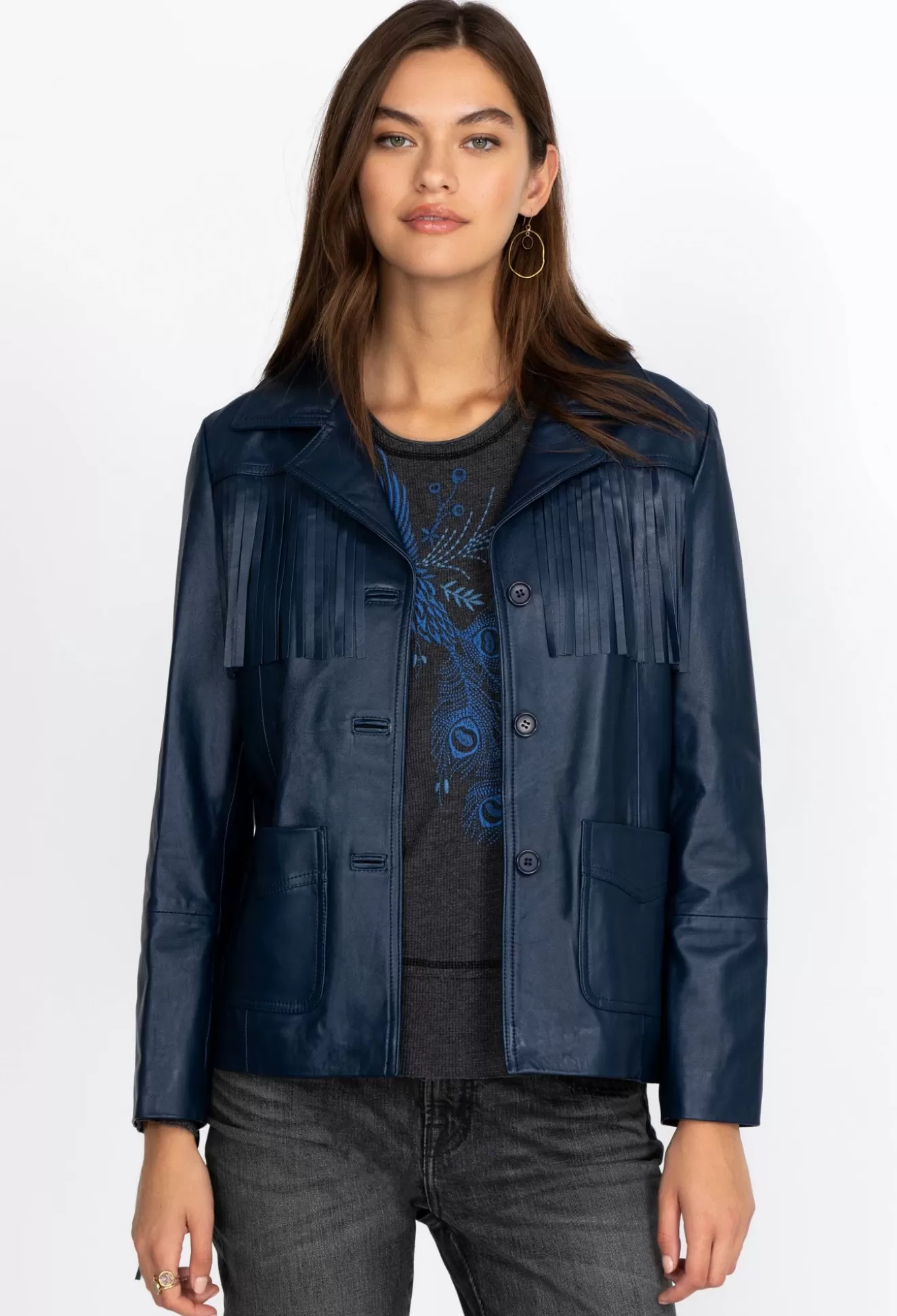 Outerwear>Johnny Was Frangia Leather Jacket Navy