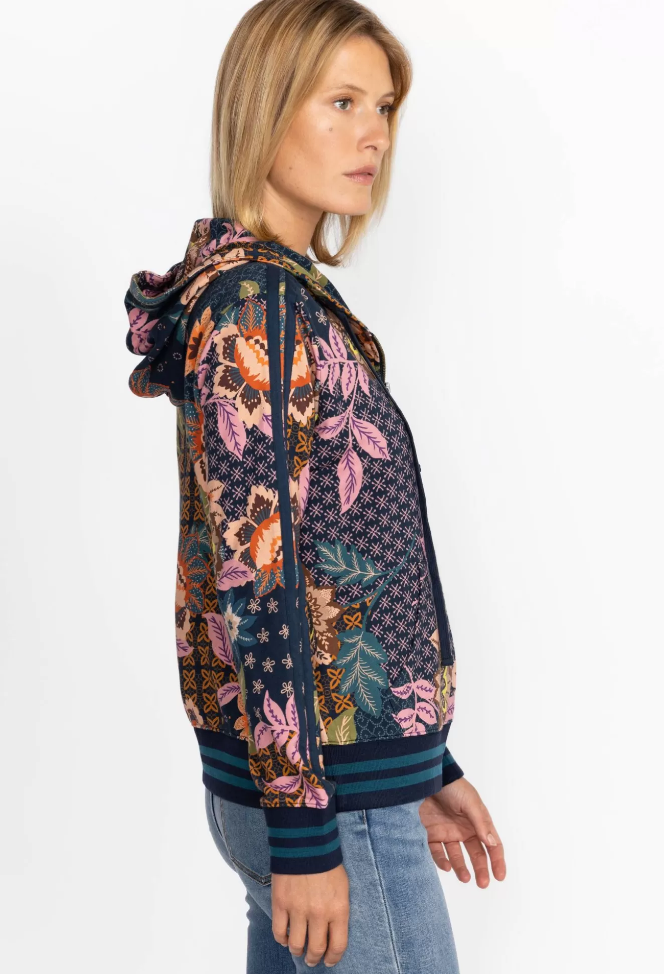 Outerwear>Johnny Was Front Zip Hoodie With Tape Delfino