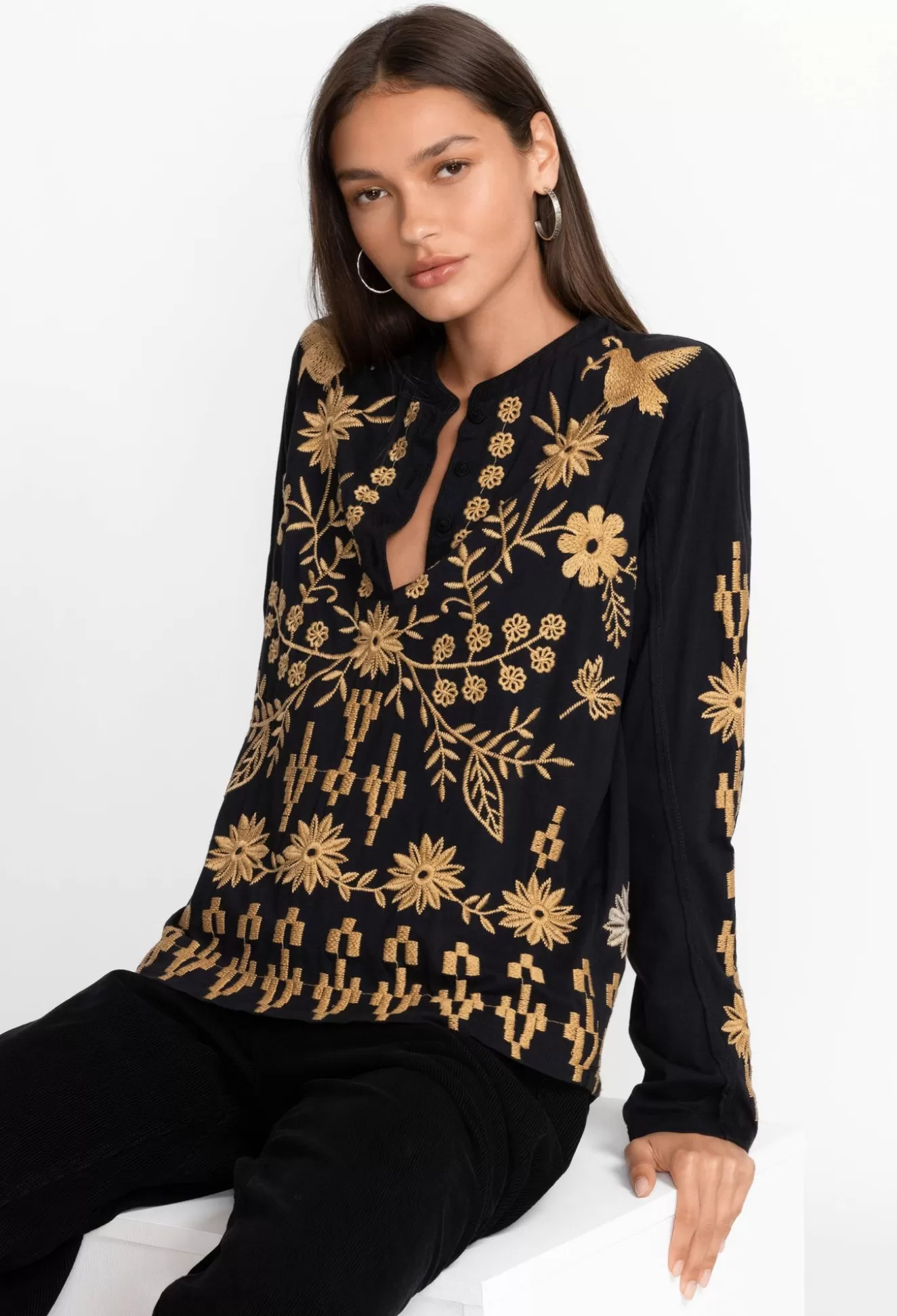 Tops>Johnny Was Georgina Raw Seam Henley Black