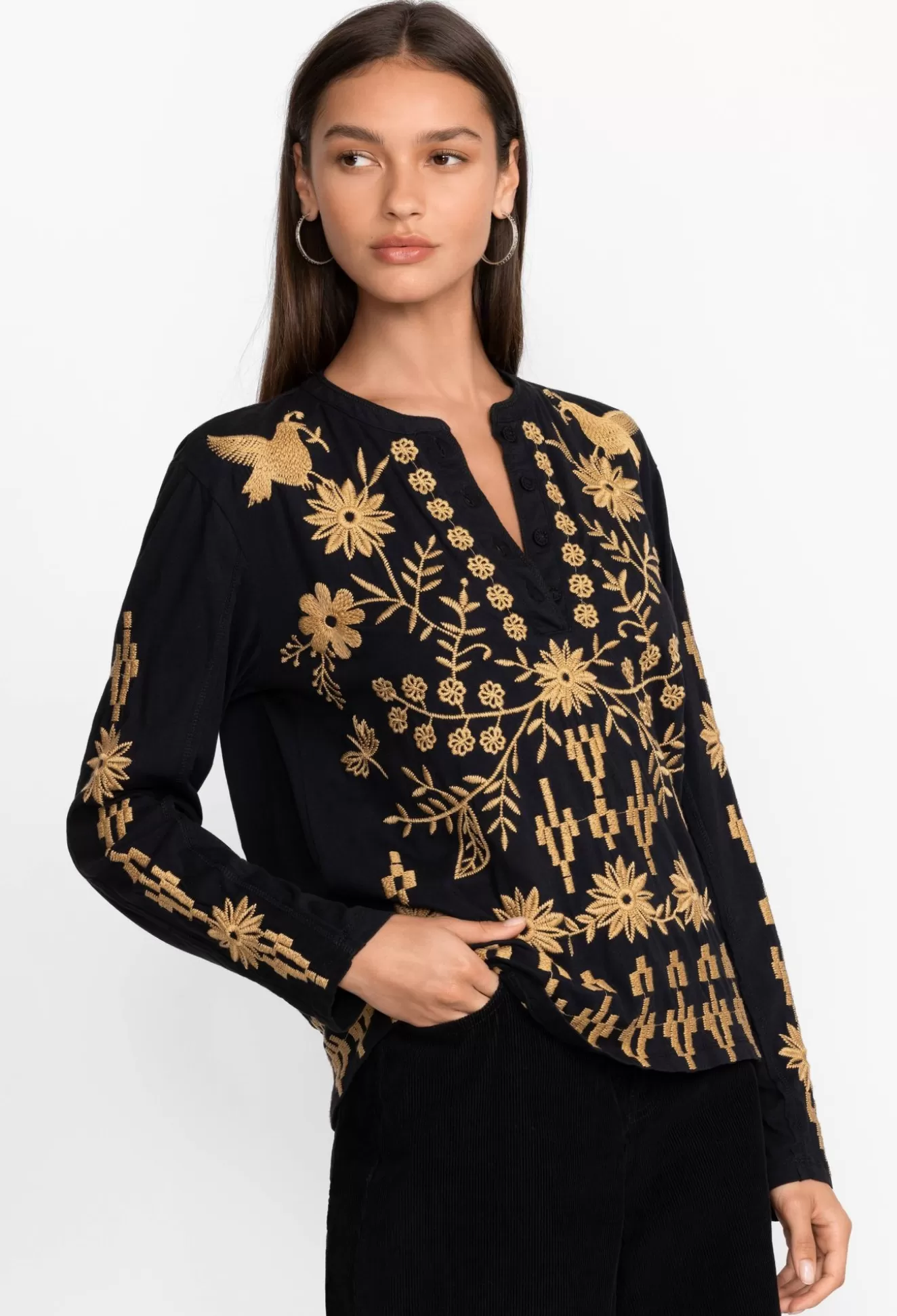 Tops>Johnny Was Georgina Raw Seam Henley Black