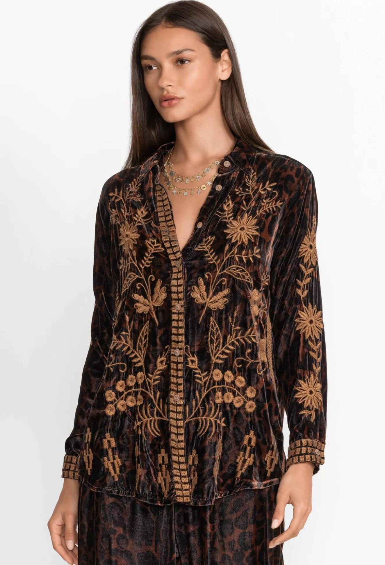 Tops>Johnny Was Georgina Velvet Oversized Shirt French Leopard
