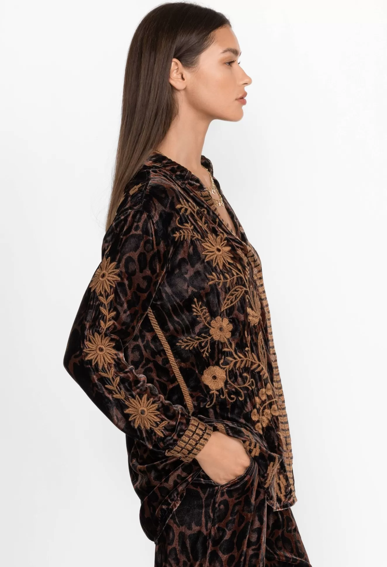 Tops>Johnny Was Georgina Velvet Oversized Shirt French Leopard