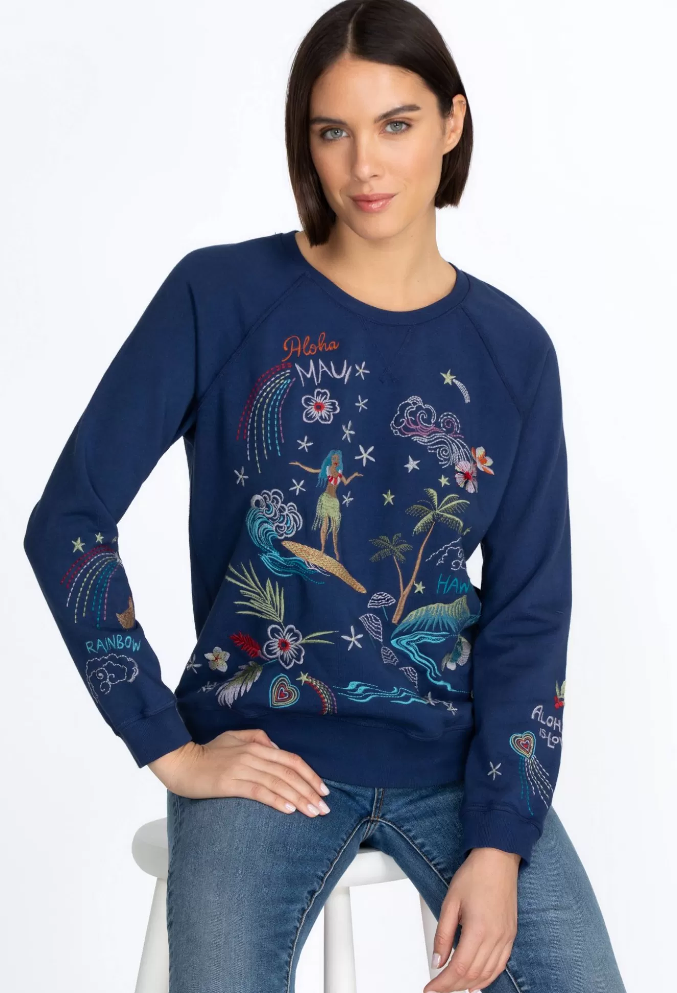 Tops>Johnny Was Hawaii Raglan Sweatshirt Navy