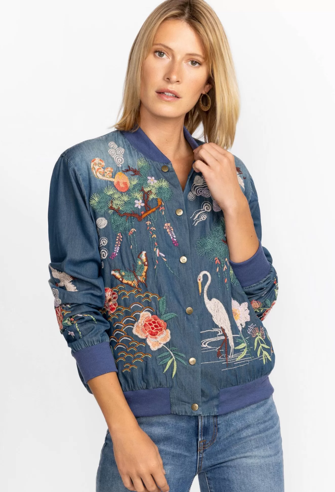 Outerwear>Johnny Was Heron Button Up Bomber Jacket Denim Blue