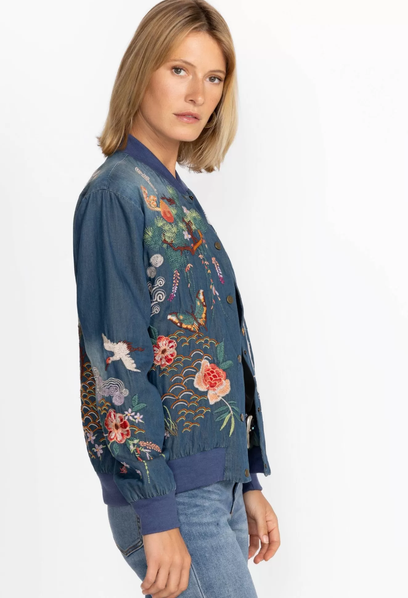 Outerwear>Johnny Was Heron Button Up Bomber Jacket Denim Blue