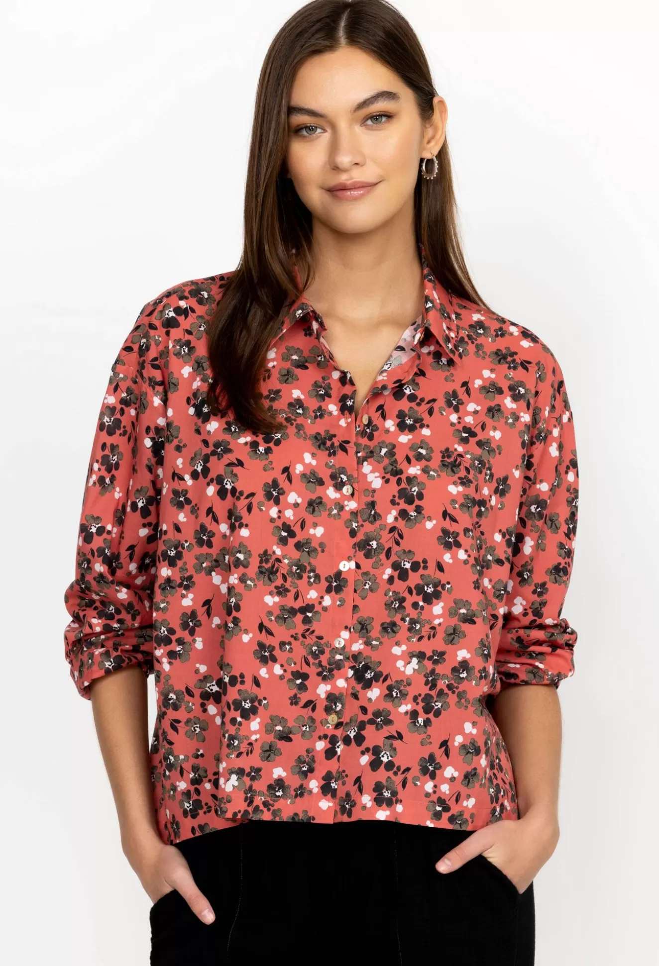 Tops>Johnny Was High Low Button Shirt Multi
