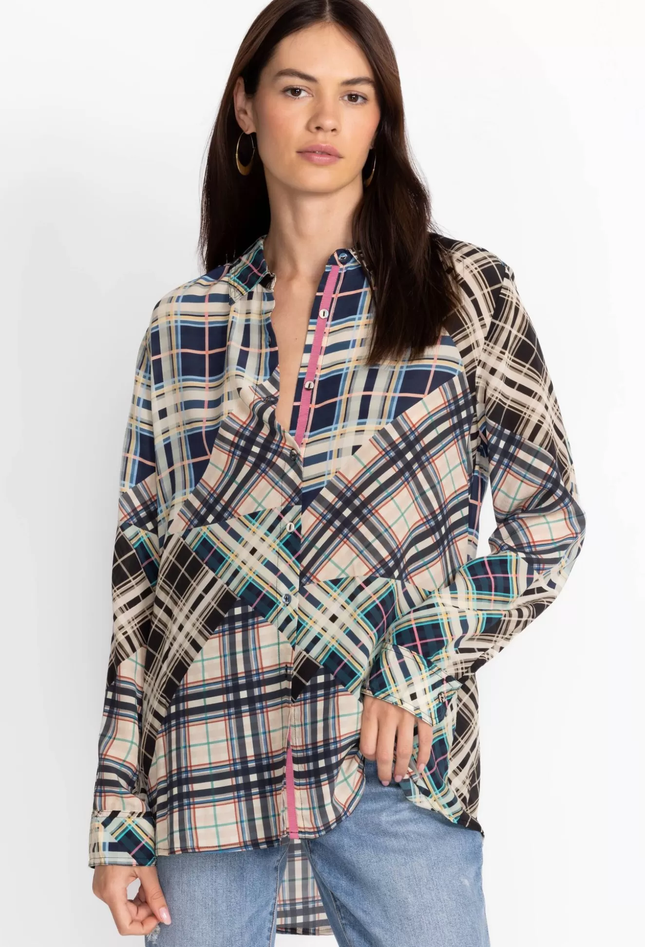 Tops>Johnny Was Idora Patchwork Button Down Shirt Multi