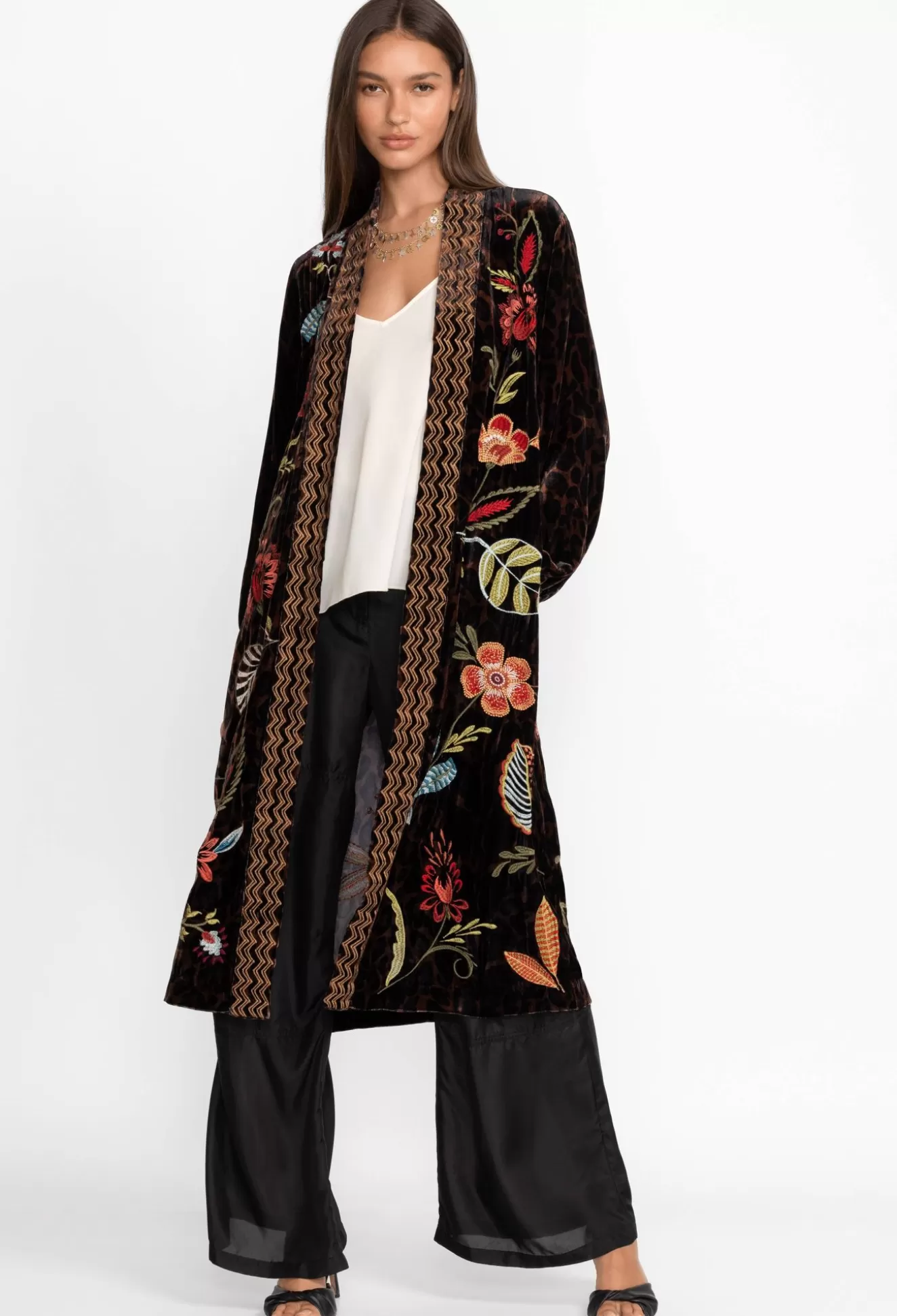 Outerwear>Johnny Was Isabella Velvet Bishop Sleeve Kimono Coat French Leopard