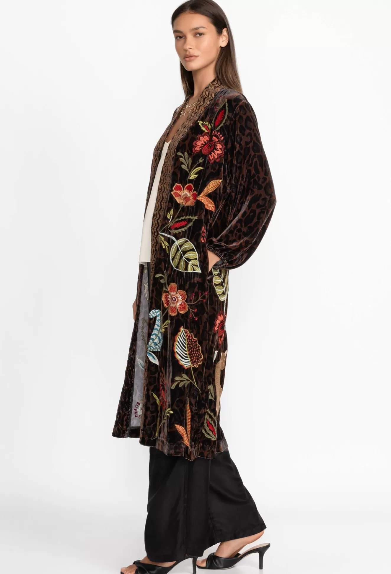 Outerwear>Johnny Was Isabella Velvet Bishop Sleeve Kimono Coat French Leopard