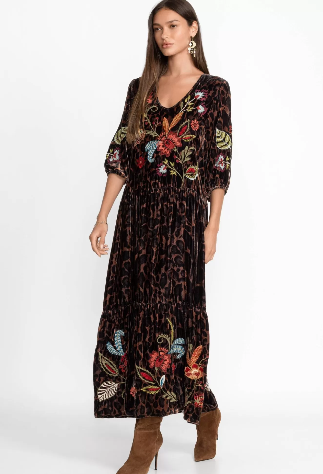 Dresses>Johnny Was Isabella Velvet Tiered Dress French Leopard