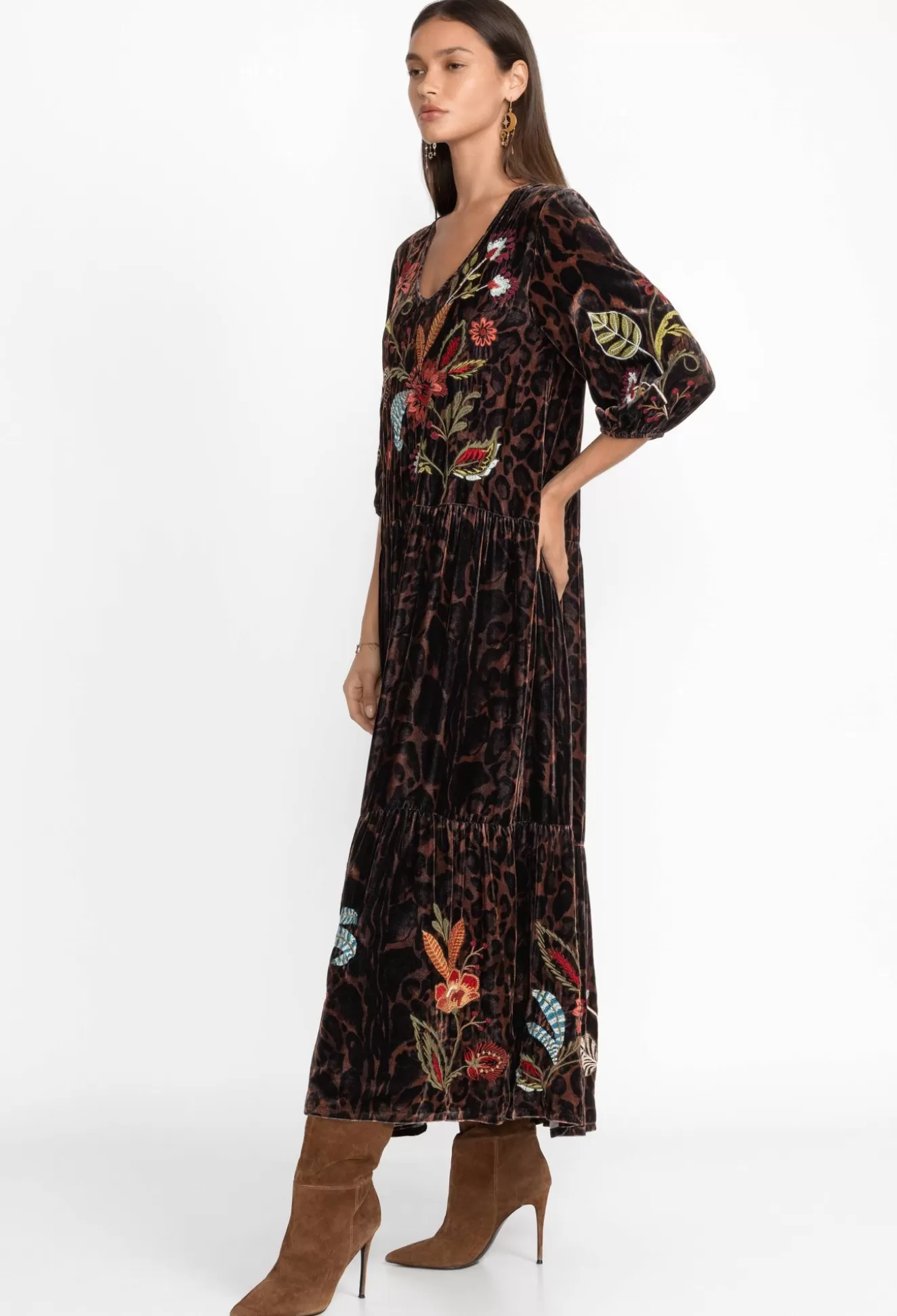 Dresses>Johnny Was Isabella Velvet Tiered Dress French Leopard
