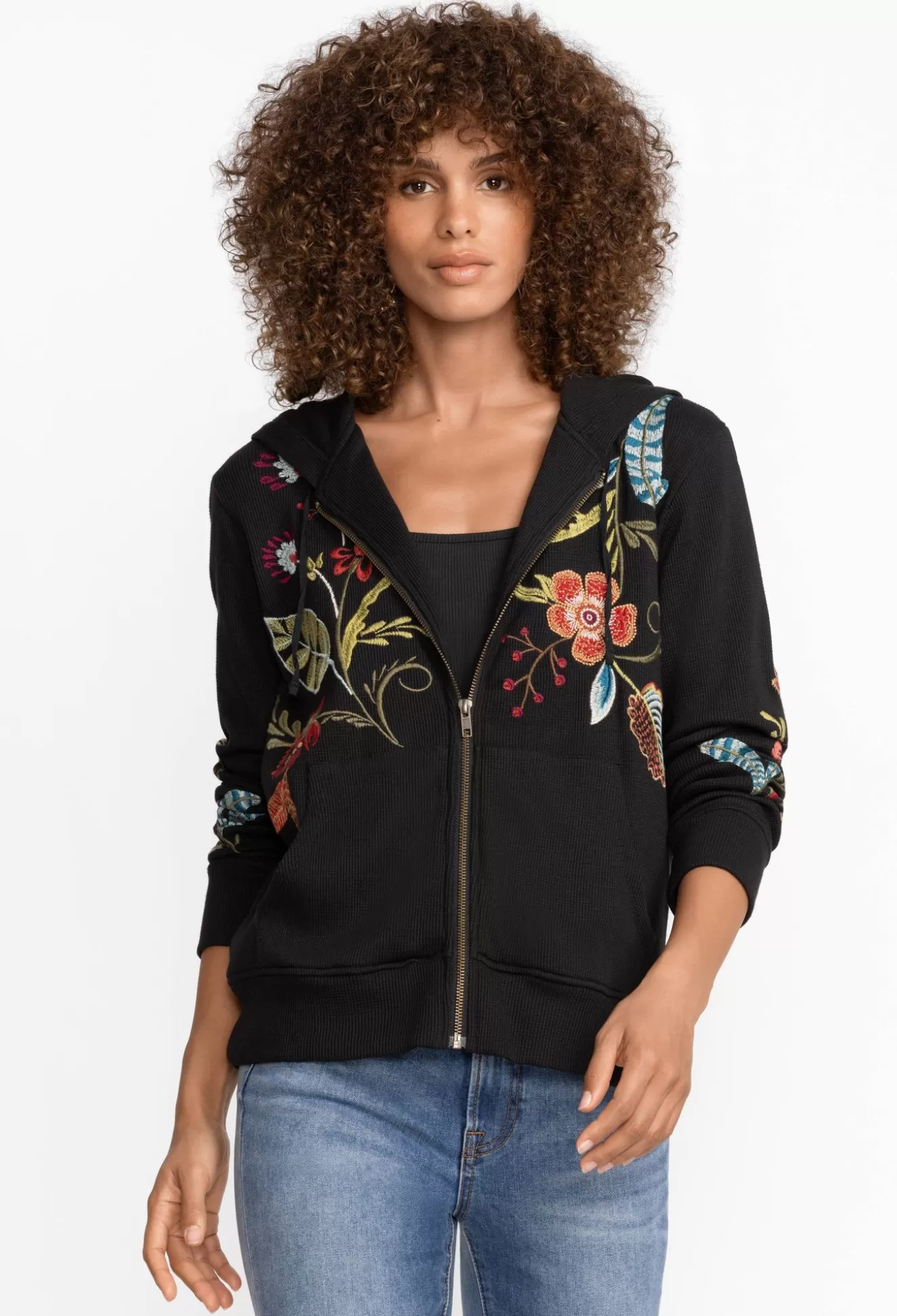 Outerwear>Johnny Was Isabella Zip Up Thermal Hoodie Black