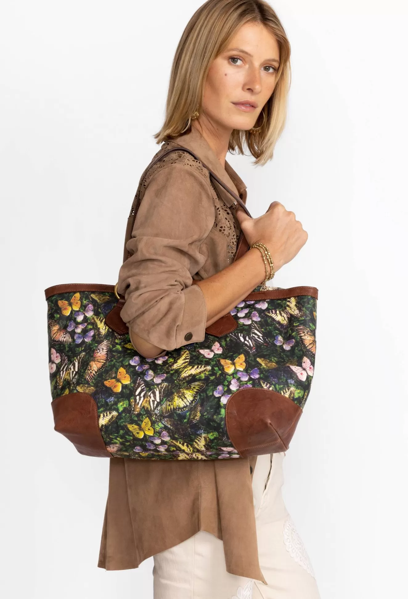 Handbags>Johnny Was Italian Leather Tote Midnight Mariposa