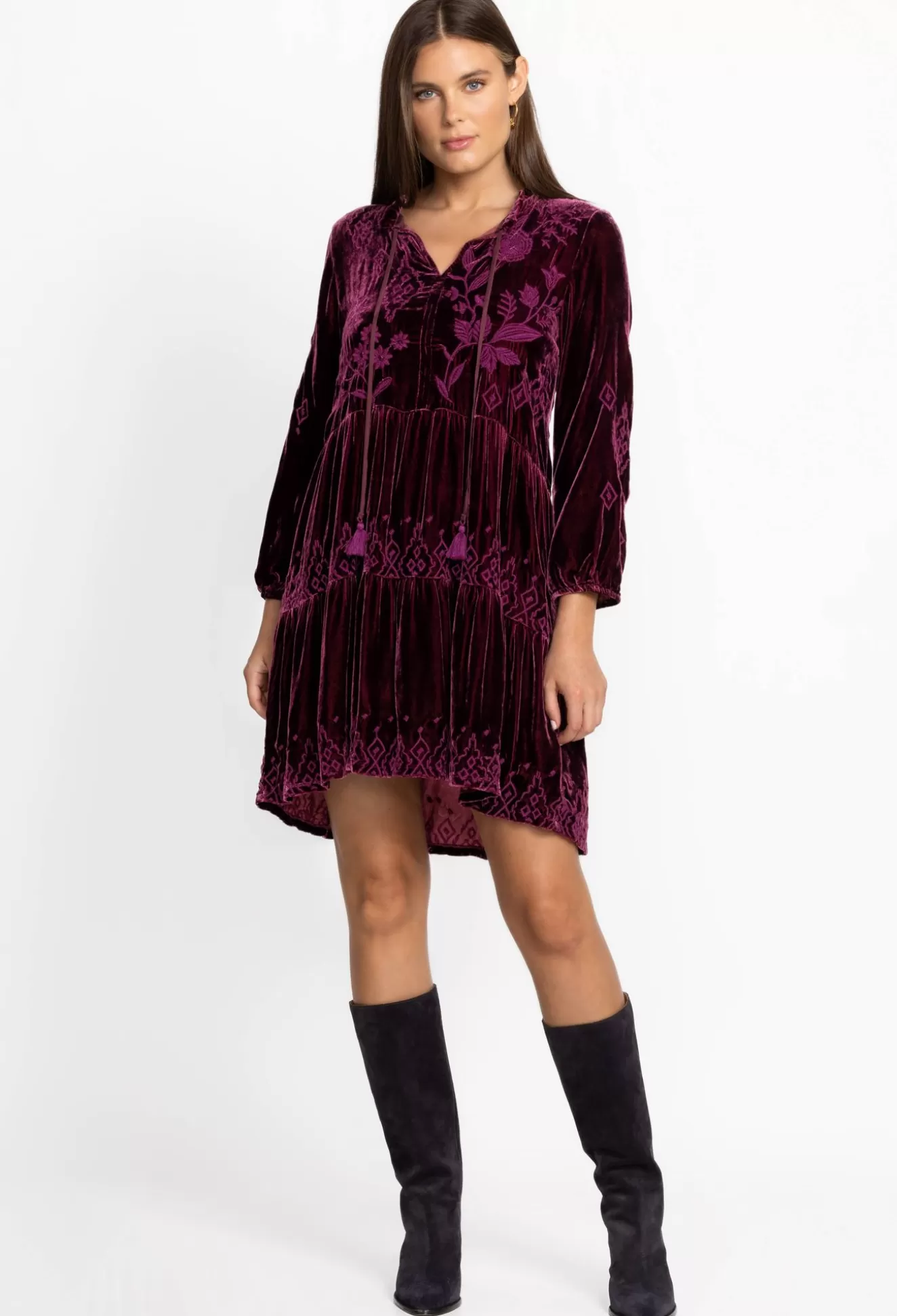 Dresses>Johnny Was Ivey Velvet Field Tiered Dress Eggplant