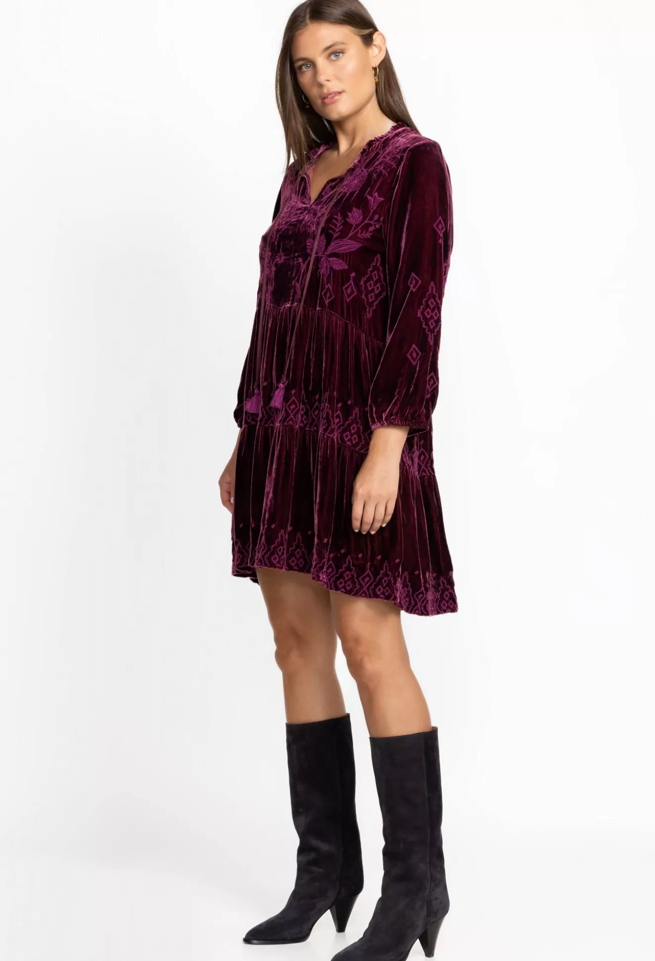 Dresses>Johnny Was Ivey Velvet Field Tiered Dress Eggplant