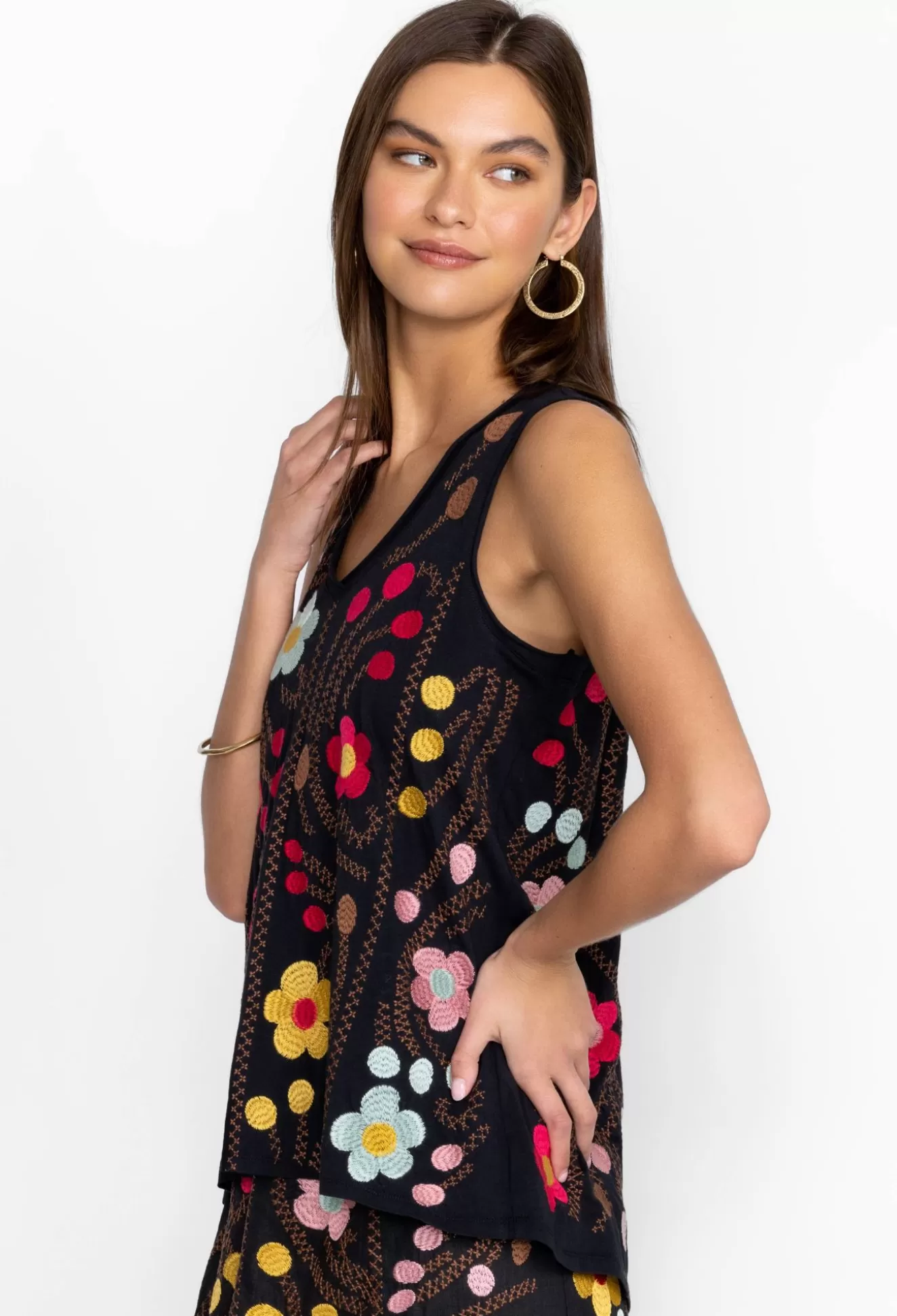 Tops>Johnny Was Joni Raw Edge V-Neck Tank Black