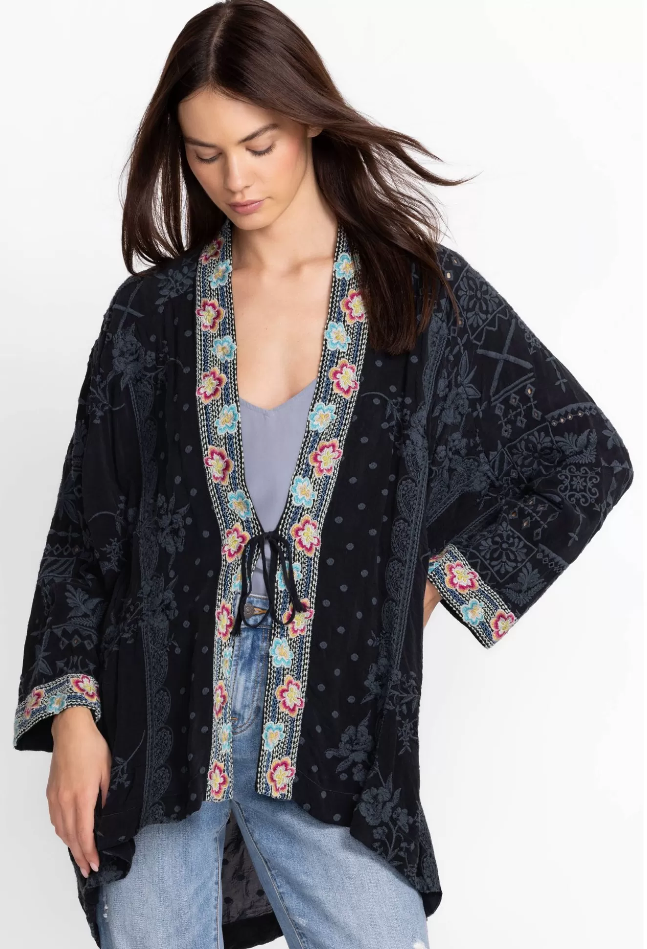 Kimonos>Johnny Was Lacy Shae Kimono Sanded Black