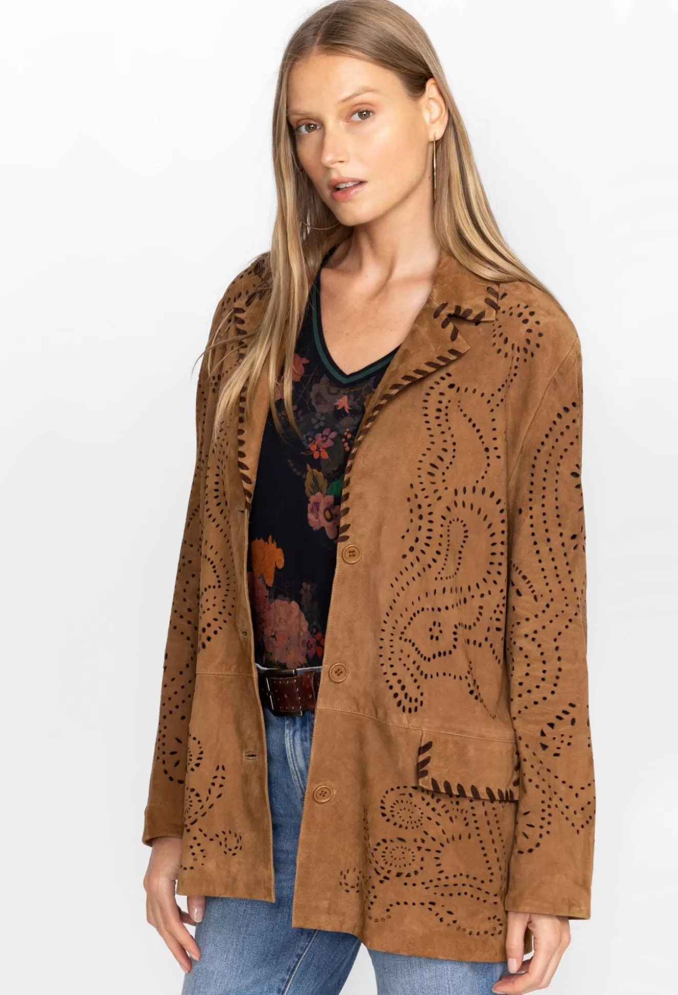 Outerwear>Johnny Was Laser Cut Suede Whipstitch Blazer Gold