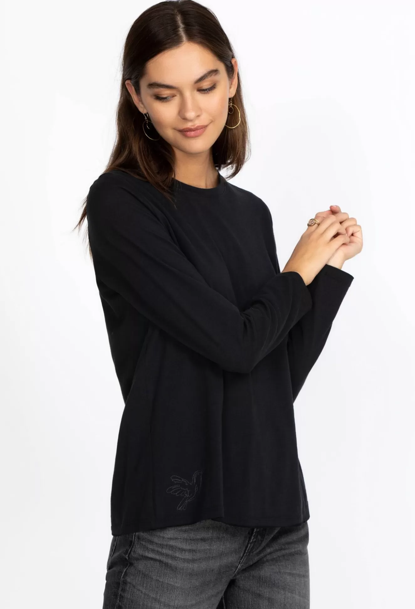 Tops>Johnny Was Long Sleeve Crew Neck Layering Tee Black