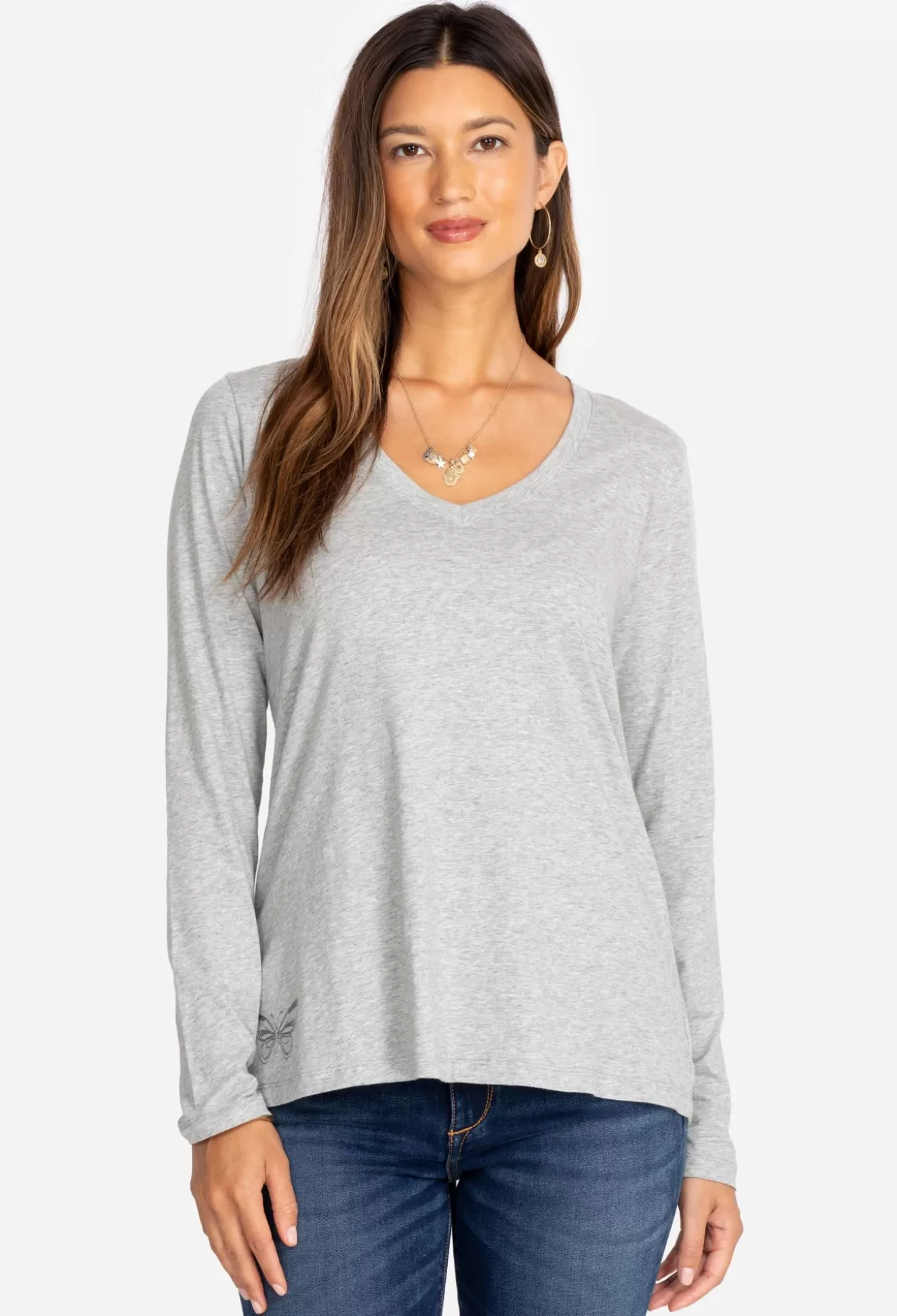 Tops>Johnny Was Long Sleeve V-Neck Layering Tee Heather Grey