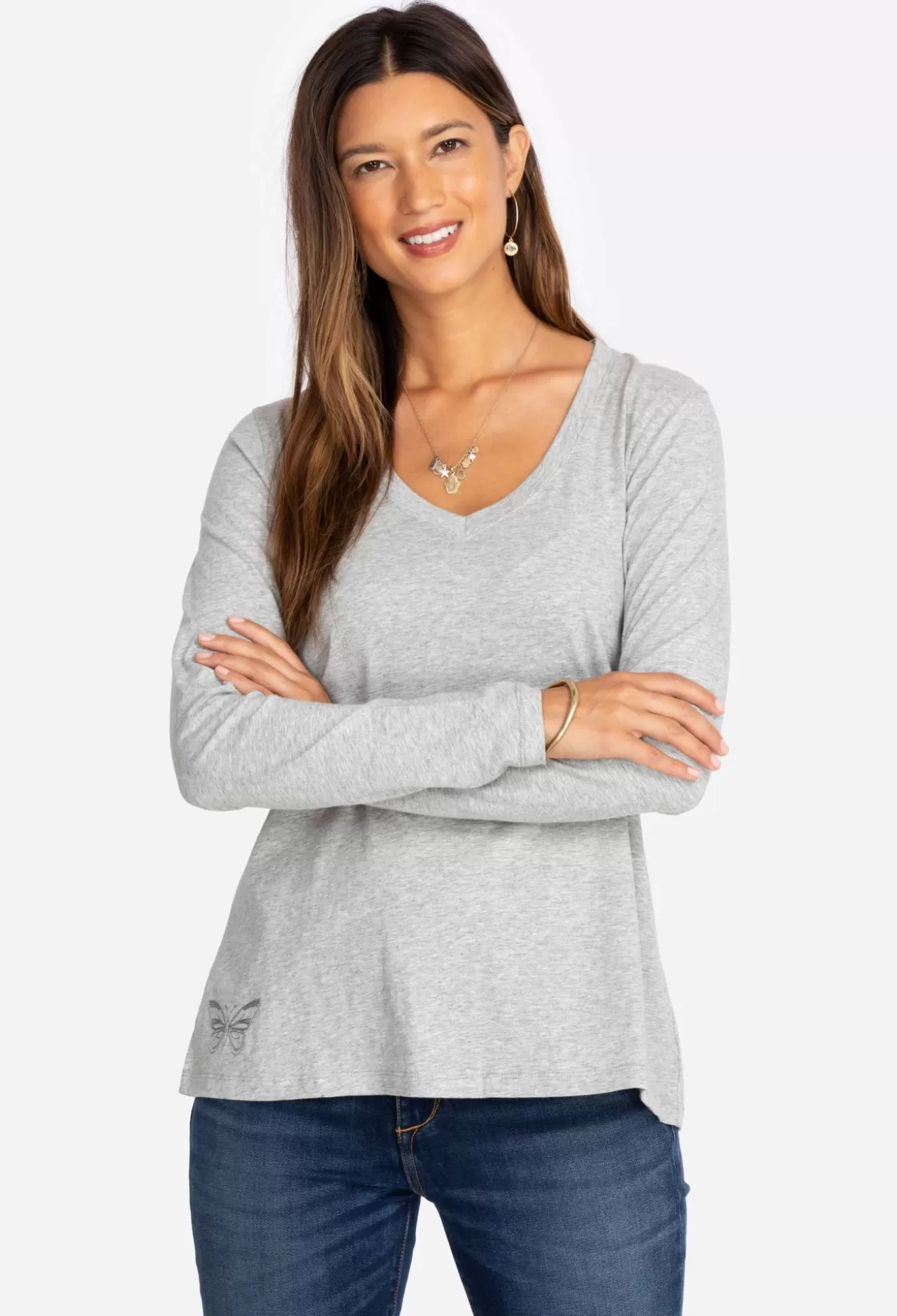 Tops>Johnny Was Long Sleeve V-Neck Layering Tee Heather Grey