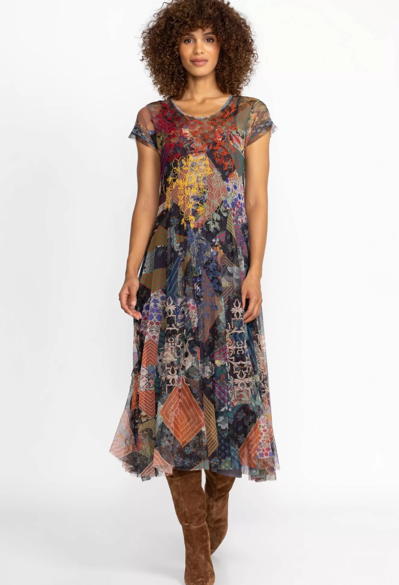 Dresses>Johnny Was Mazzy Godet Short Slv Dress Multi